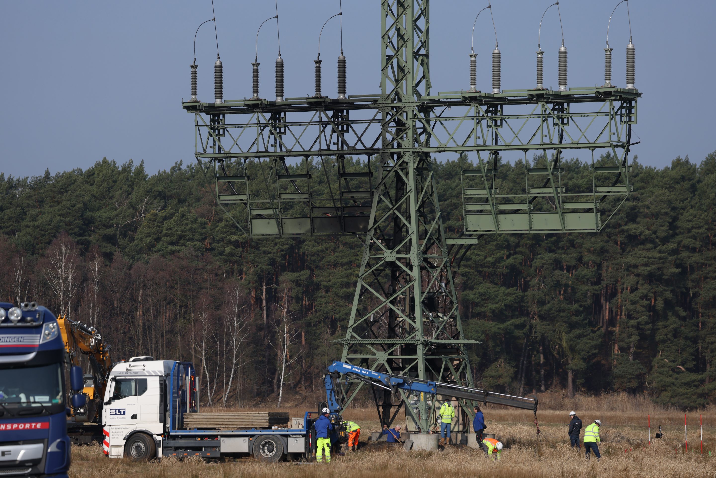 The sabotaged pylon that delivers electricity to a nearby Tesla factory near Grüenheide, Germany.