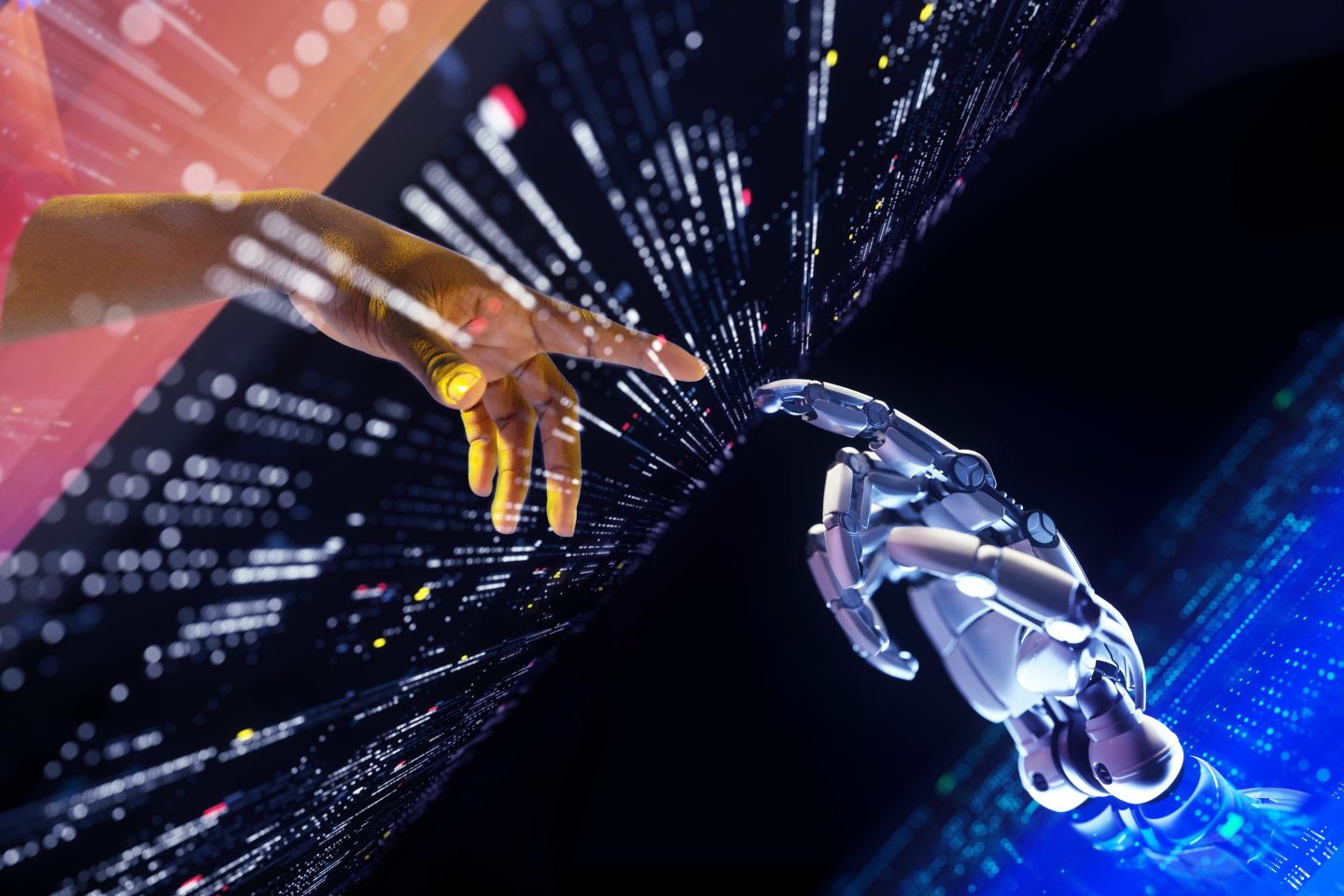 Robotic hand meets a human hand on a transparent screen.