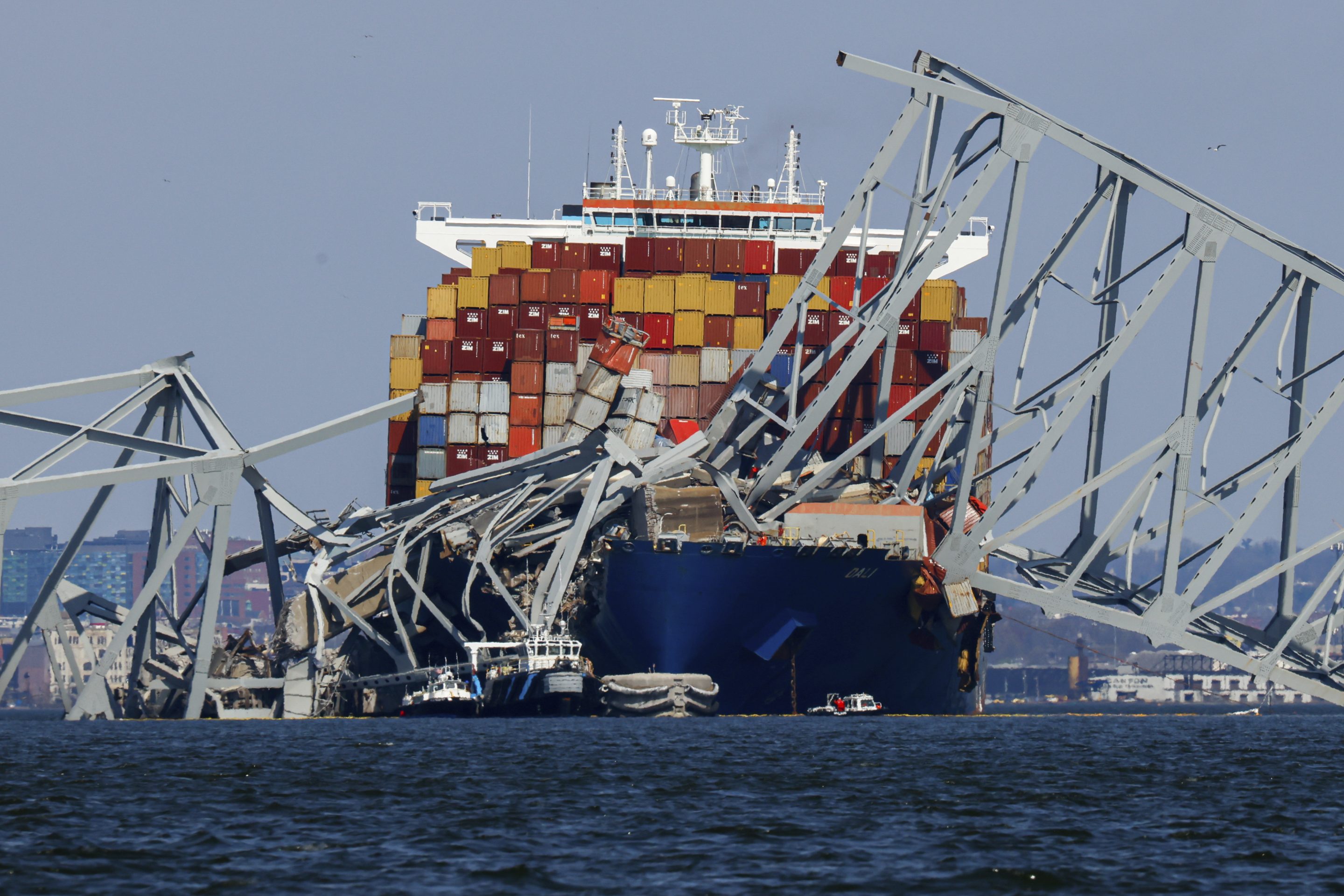 Wreckage of the Francis Scott Key Bridge rests on the container ship Dali, on March 30, 2024, in Baltimore.