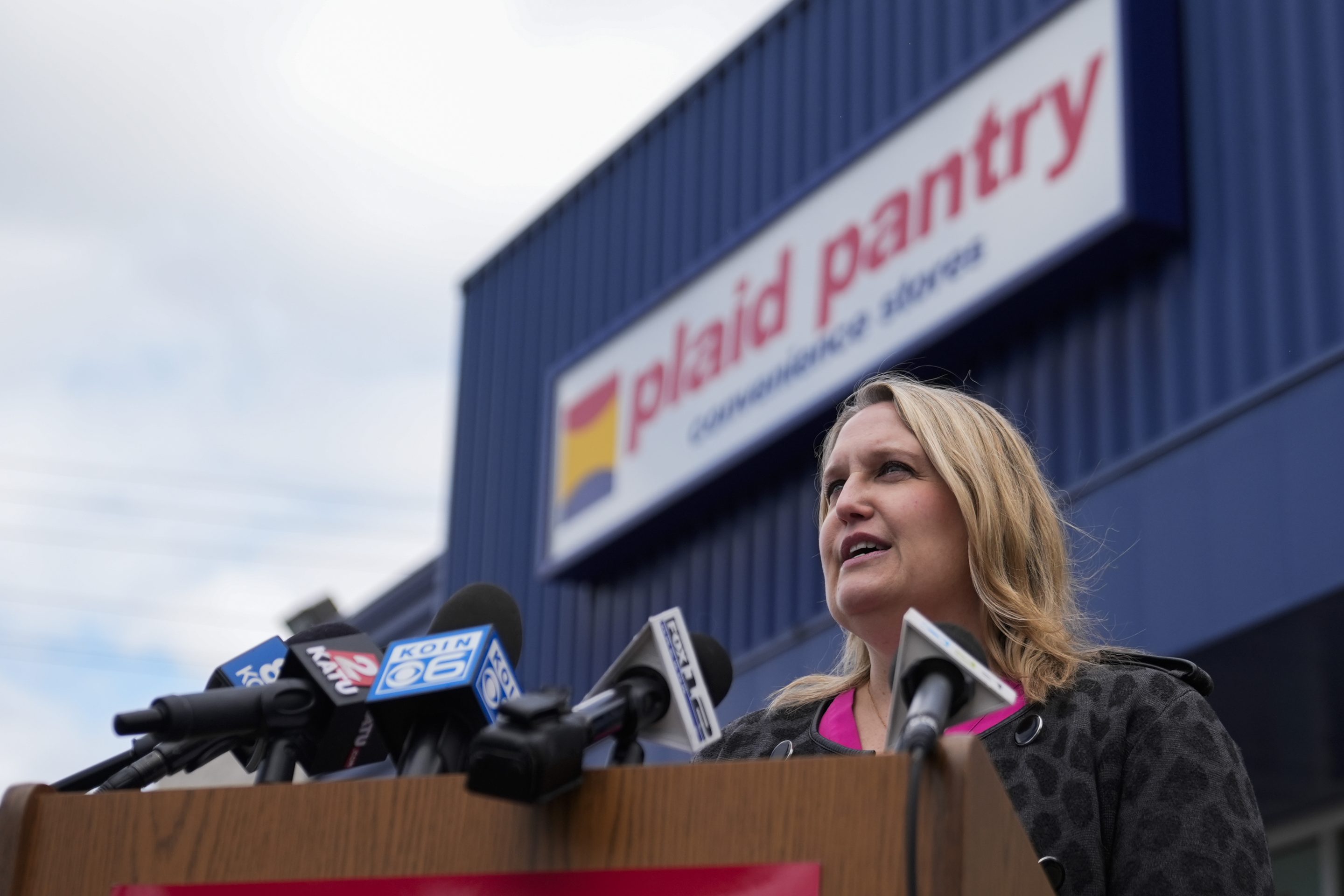 Oregon Lottery External Communications Program Manager Melanie Mesaros speaks during a news conference outside a Plaid Pantry convenience store on April 9, 2024, in Portland, Ore. 