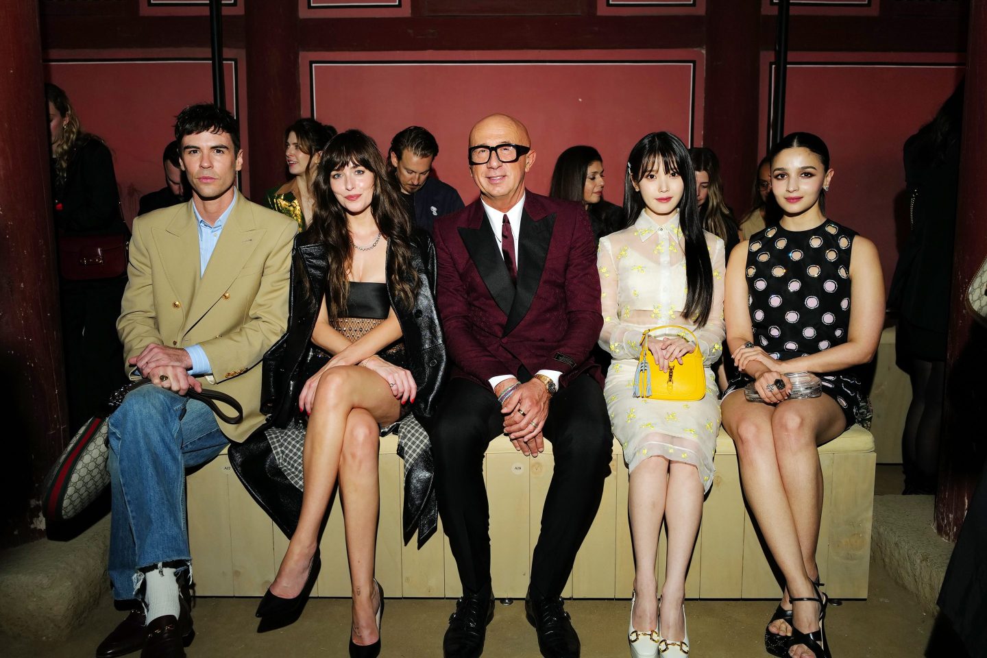 Blake Lee (L), Dakota Johnson, Marco Bizzarri, IU and Alia Bhatt attend the Gucci Seoul Cruise 2024 fashion show.