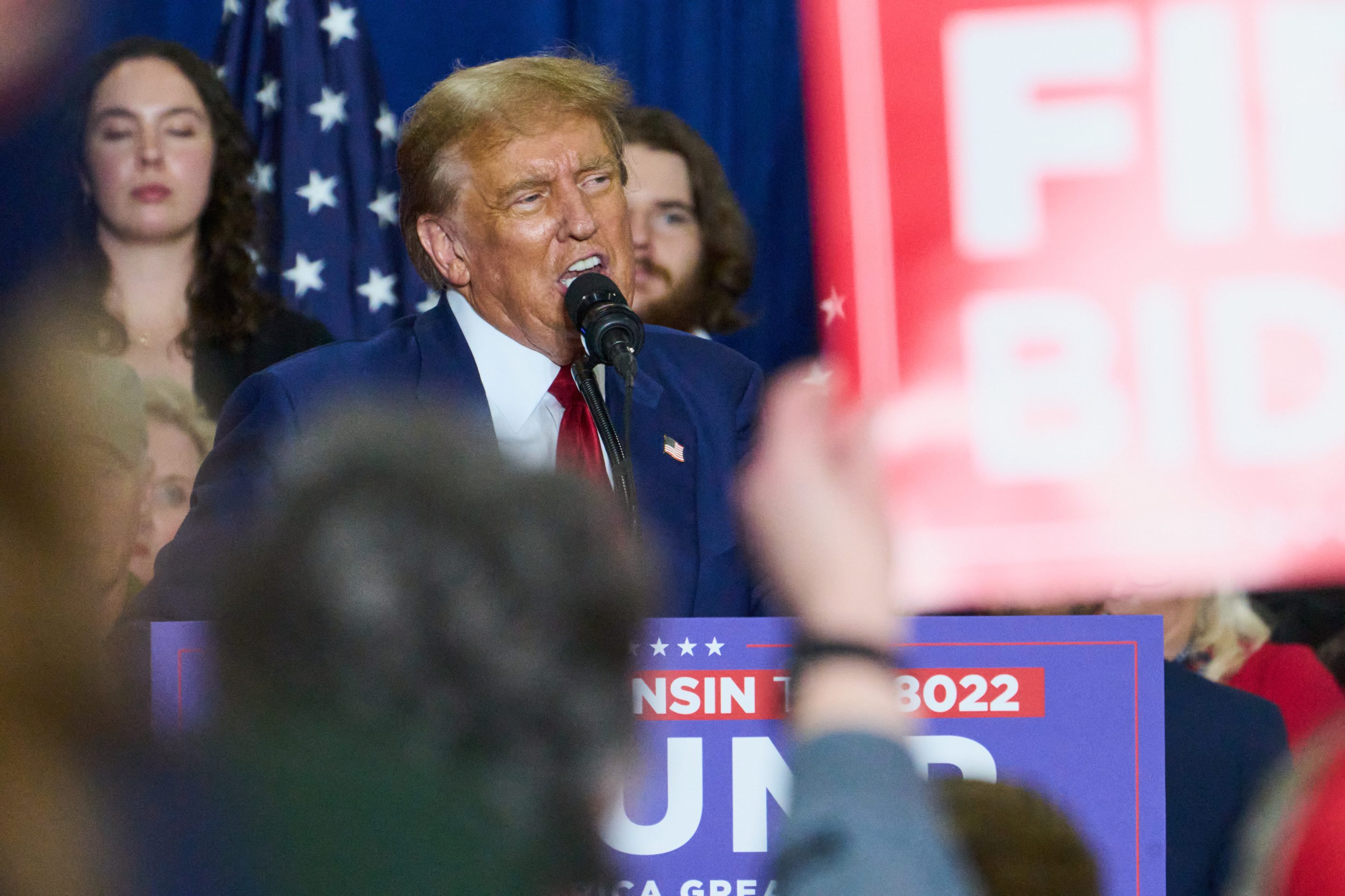 Former US President Donald Trump speaks during a campaign event