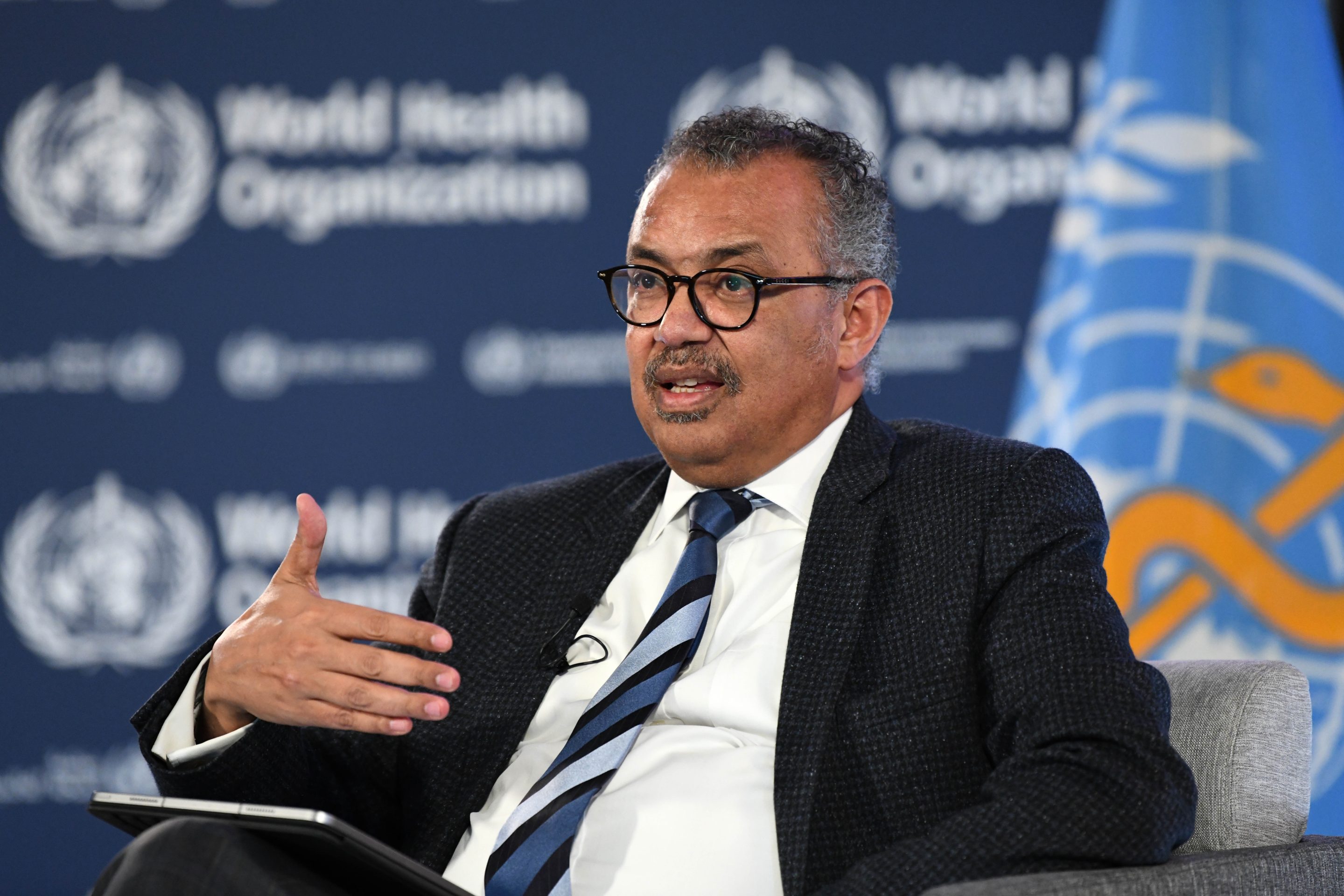 Tedros Adhanom Ghebreyesus, director-general of the World Health Organization WHO, speaks at a panel discussion in Geneva, Switzerland on April 8, 2024. 