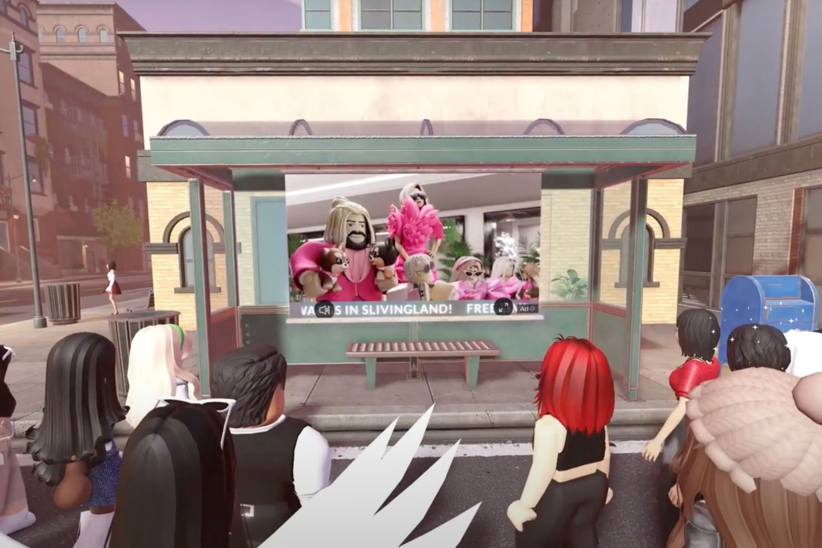 Virtual avatars view an advertisement in Roblox.