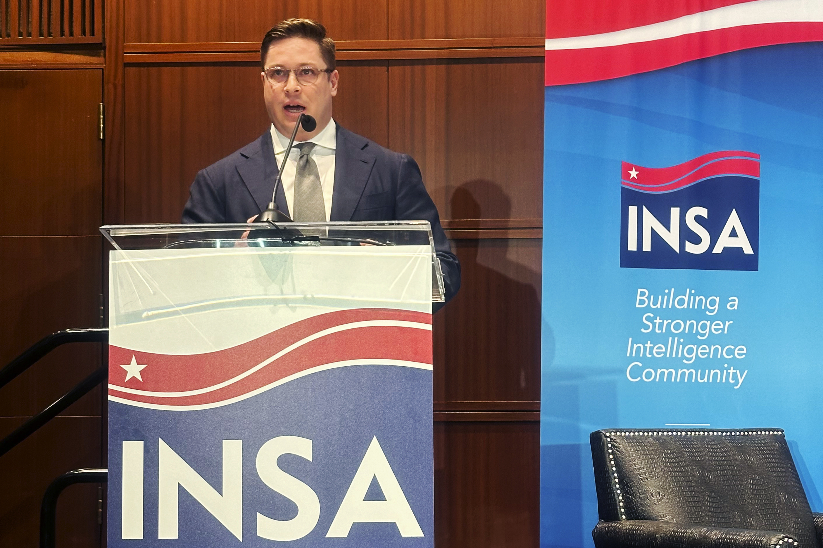 John Beieler, chief AI officer at the Office of the Director of National Intelligence, speaks at a conference of the Intelligence and National Security Alliance on April 4 , 2024, in Arlington, Va.