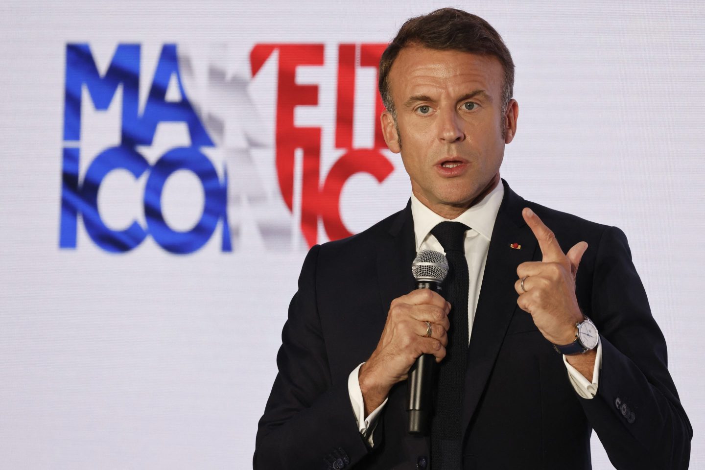 France's President Emmanuel Macron delivers a speech during the seventh "Choose France Summit", aiming to attract foreign investors to the country, at the Chateau de Versailles, outside Paris, on May 13, 2024