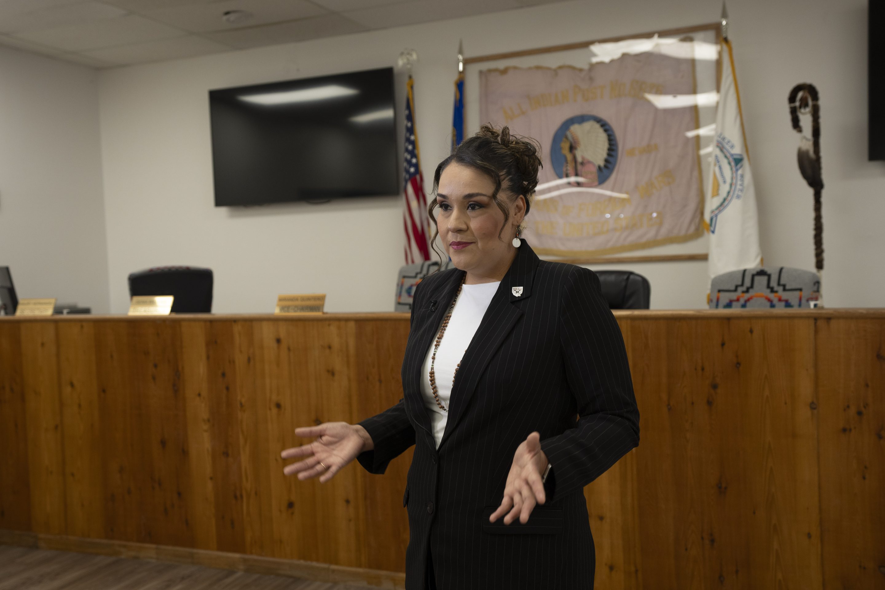 Andrea Martinez, chairwoman of the Walker River Paiute Tribe reservation speaks during an interview with The Associated Press at the Walker River reservation in Nev., on May 14, 2024.