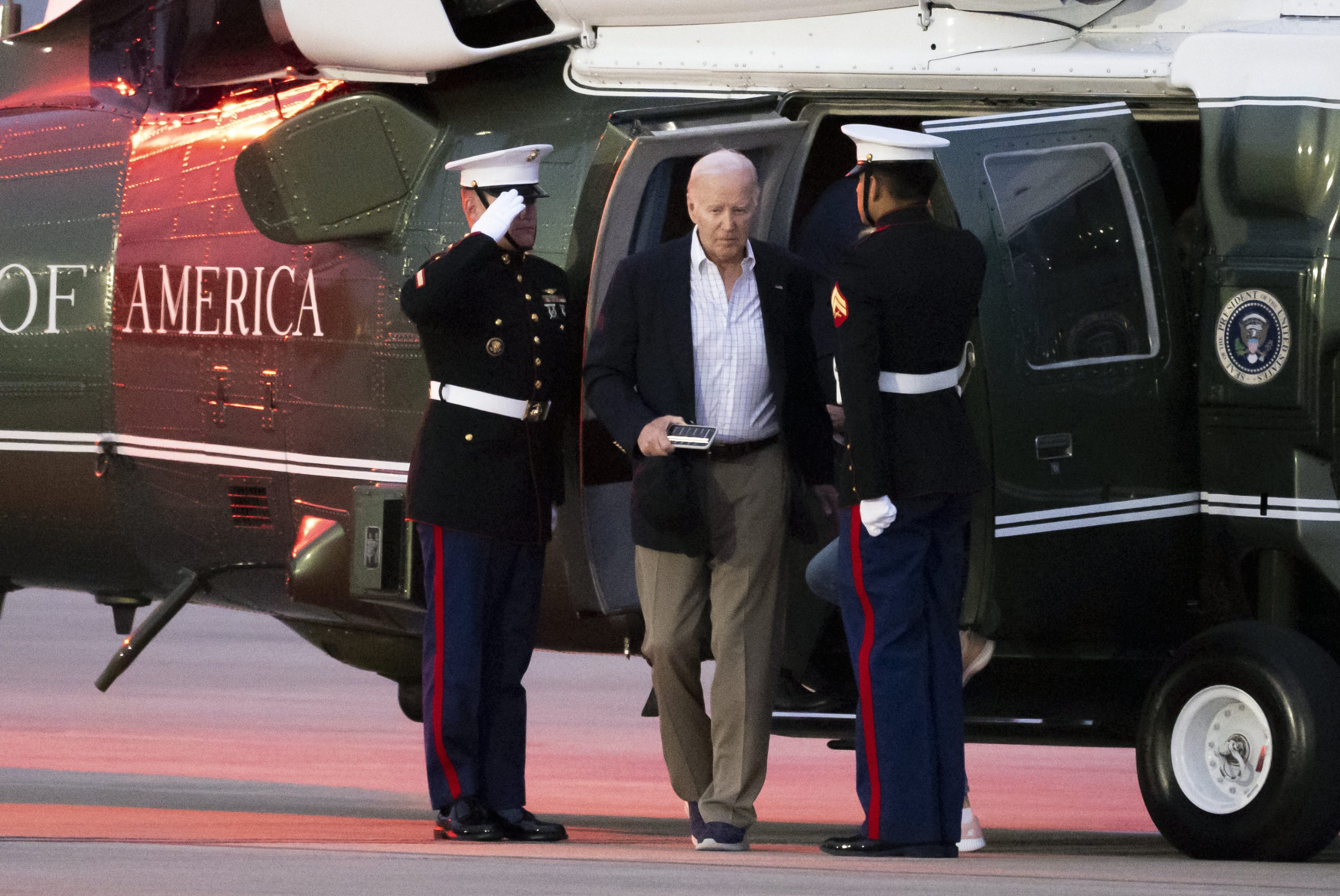 President Joe Biden arrives on Marine One at Delaware Air National Guard Base in New Castle, Del., on June 2, 2024.