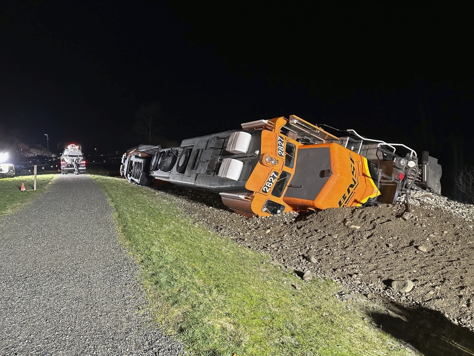 A derailed BNSF train on the Swinomish tribal reservation near Anacortes, Wash. on March 16, 2023.