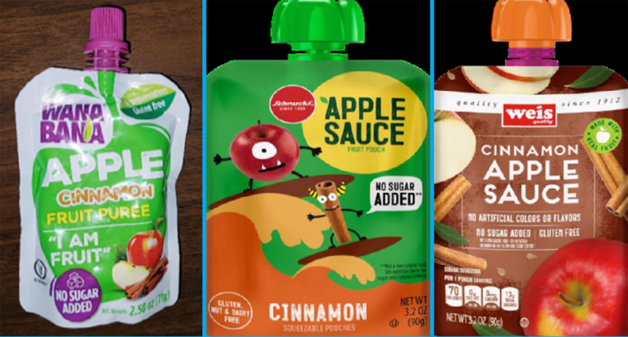 Three recalled applesauce products — WanaBana apple cinnamon fruit puree pouches, Schnucks-brand cinnamon-flavored applesauce pouches and variety pack, and Weis-brand cinnamon applesauce pouches.