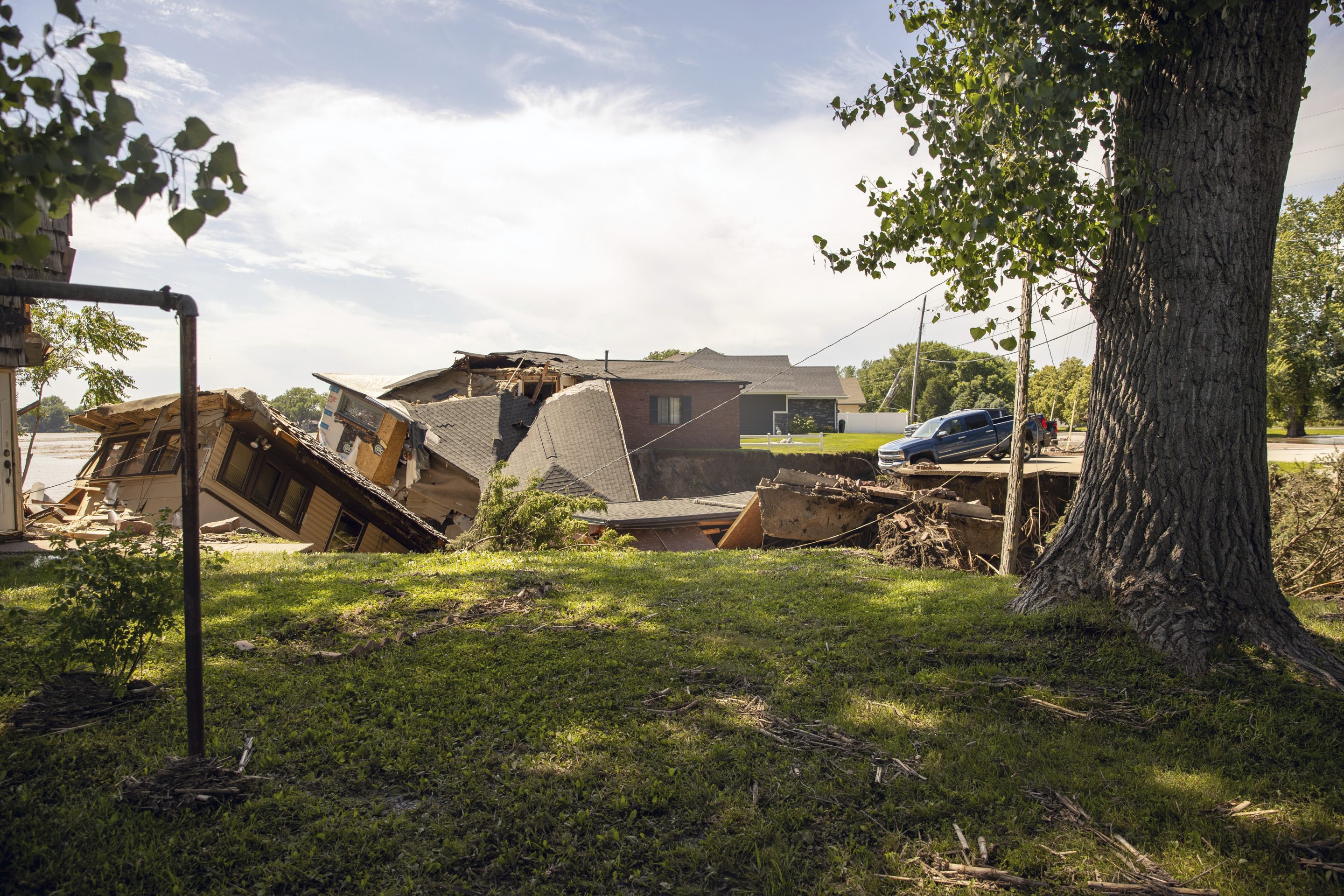 Flooding from the Big Sioux River damage buildings in North Sioux City, S.D., on June 24, 2024.