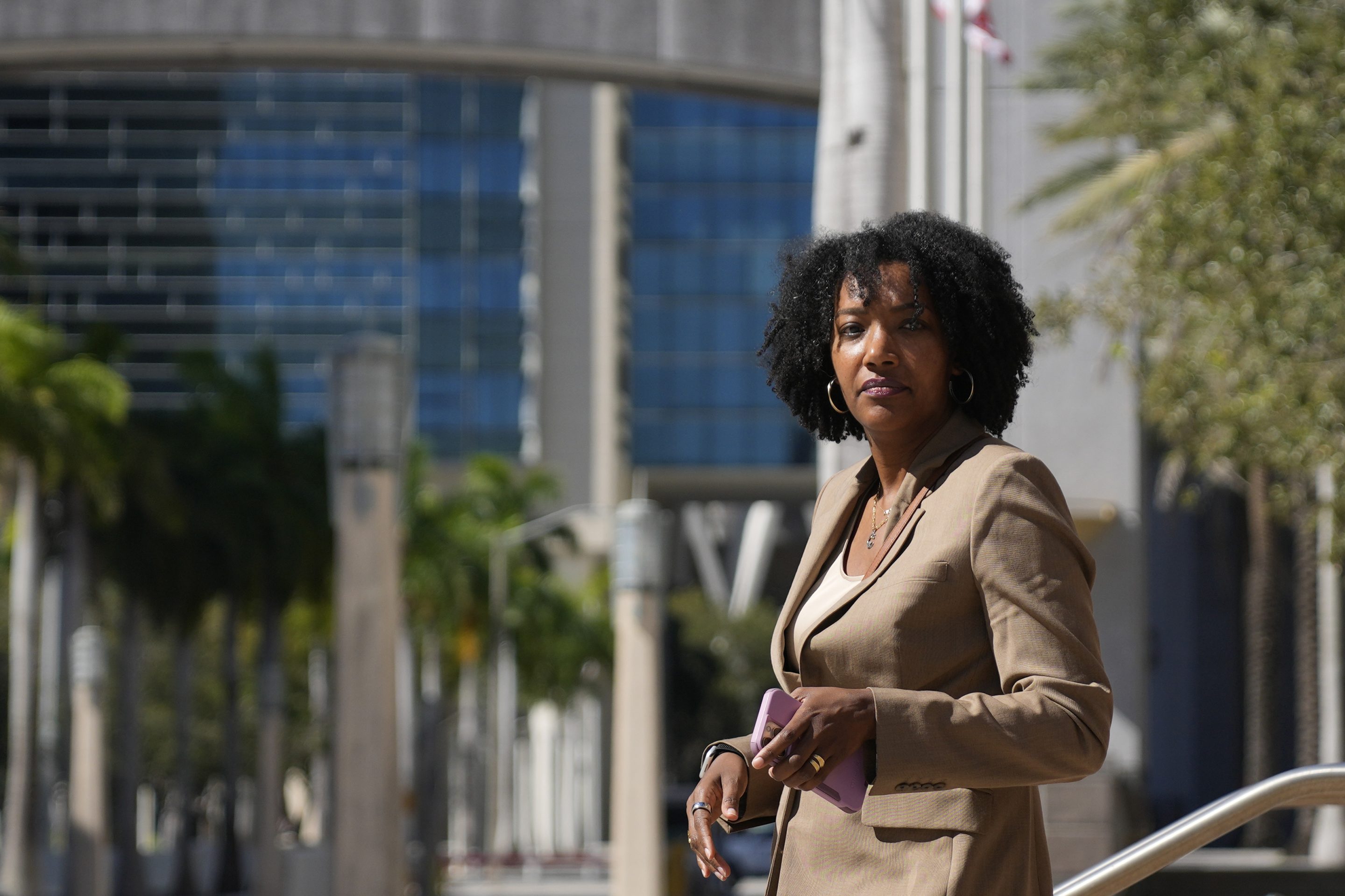 Ayana Parsons, one of the co-founders and CEOs of The Fearless Fund, walks outside the James Lawrence King Federal Building in Miami, Jan. 31, 2024, following a hearing.