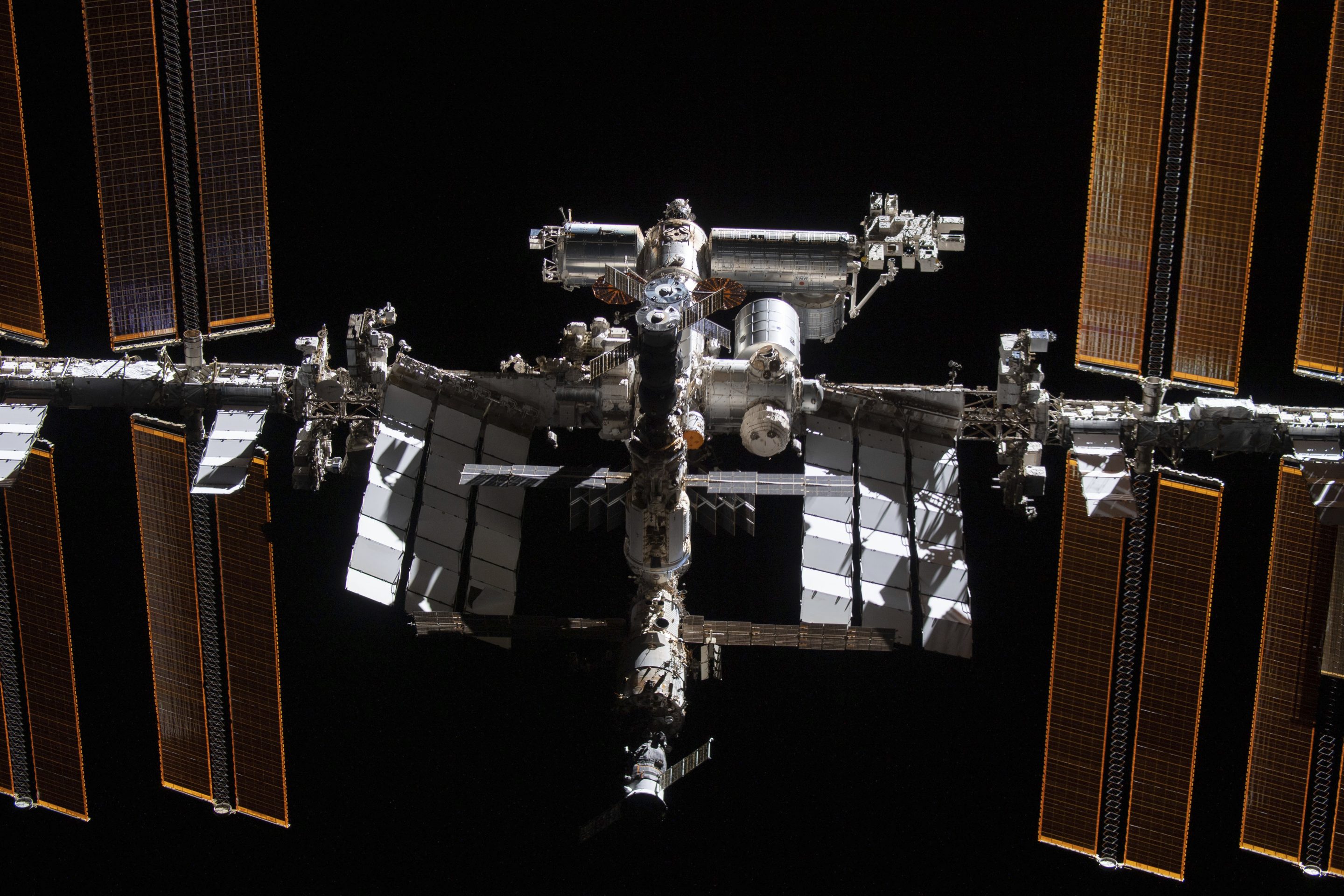 The International Space Station seen from the SpaceX Crew Dragon Endeavour during a fly around of the orbiting lab that took place following its undocking from the Harmony module’s space-facing port, Nov. 8, 2021. 
