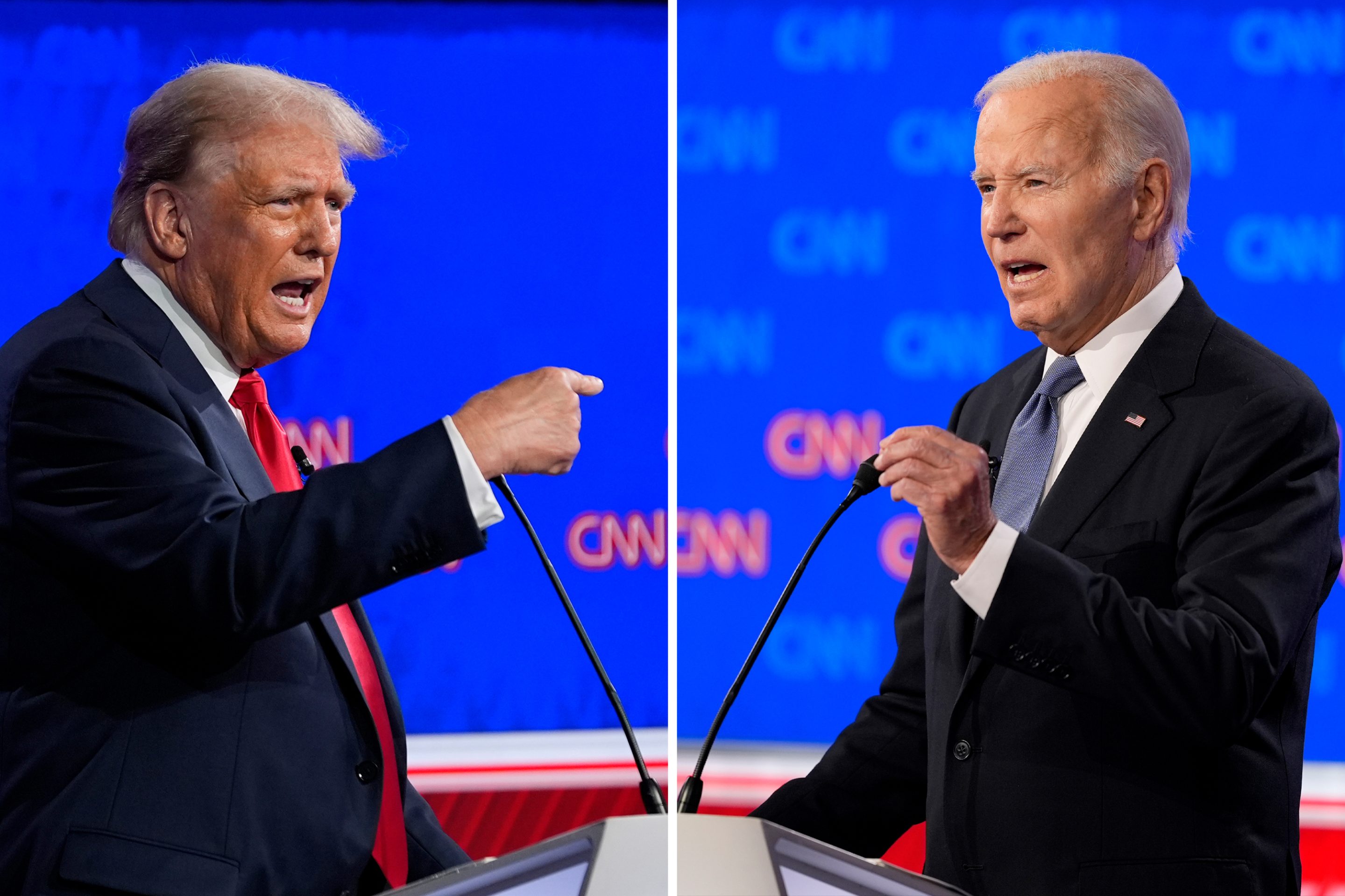 Republican presidential candidate former President Donald Trump, left, and President Joe Biden during a presidential debate hosted by CNN, on June 27, 2024, in Atlanta.