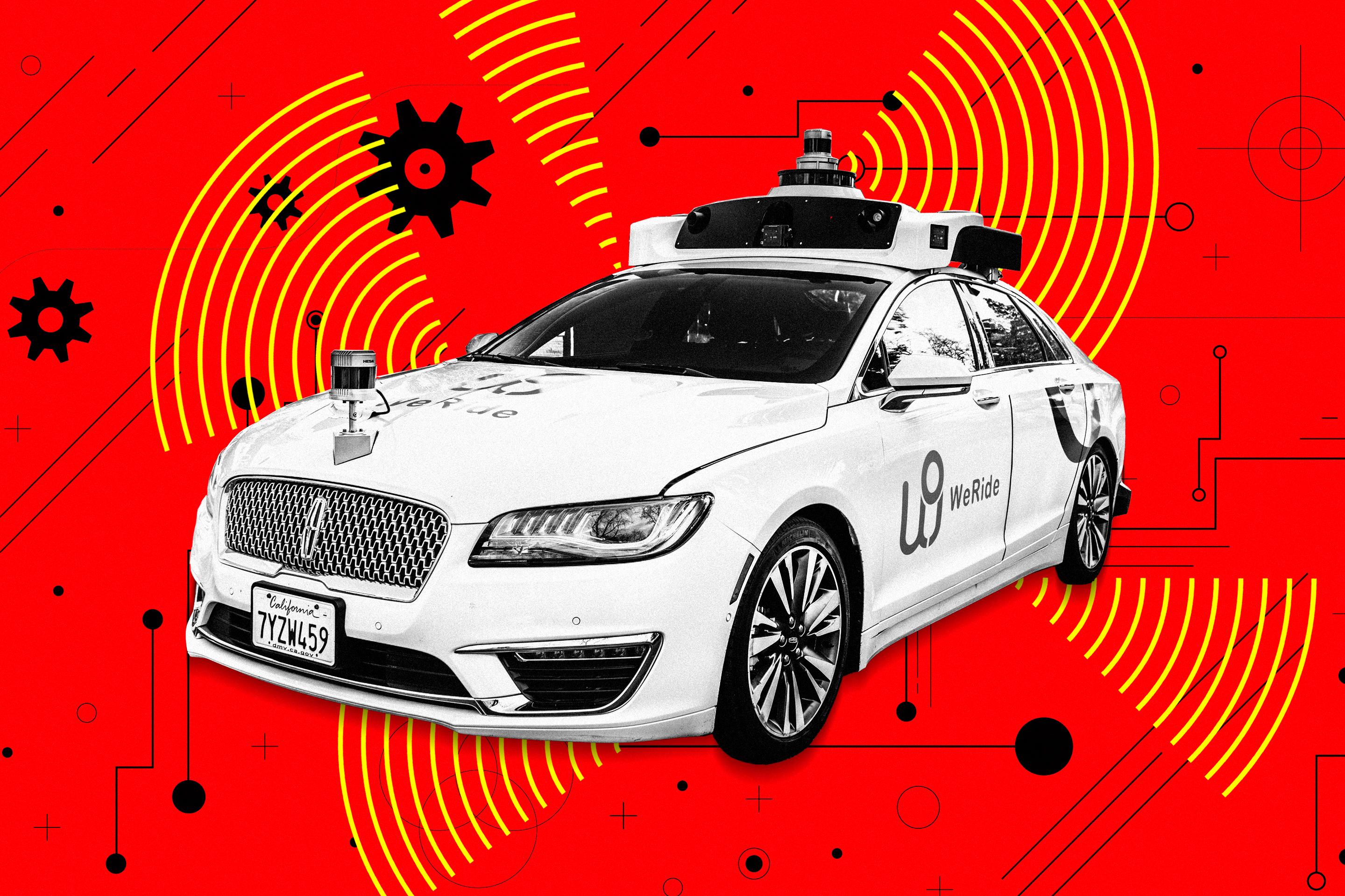Photo illustration of a WeRide car with a California license plate with yellow signal radars beaming from the car on a red background.