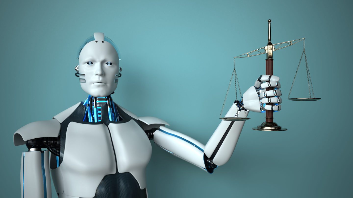 A robot holding a set of old-fashioned scales (the scales of justice.)