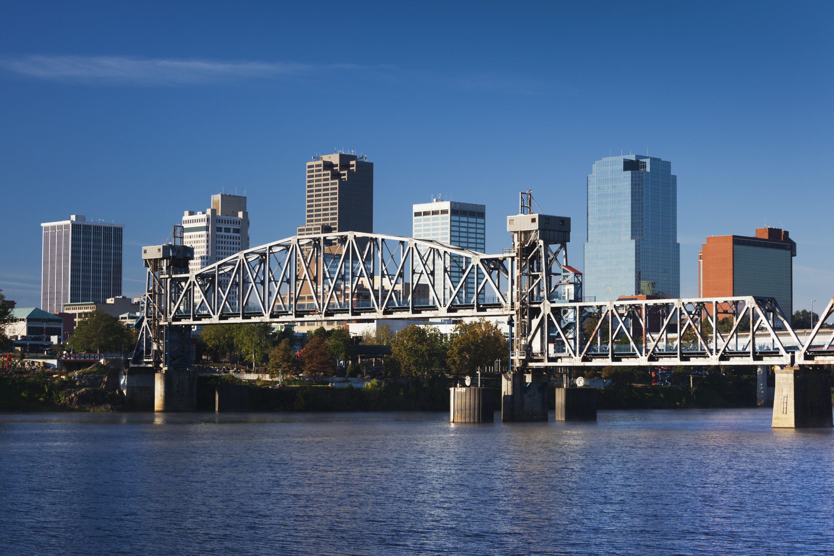 The Little Rock city skyline from the Arkansas River.