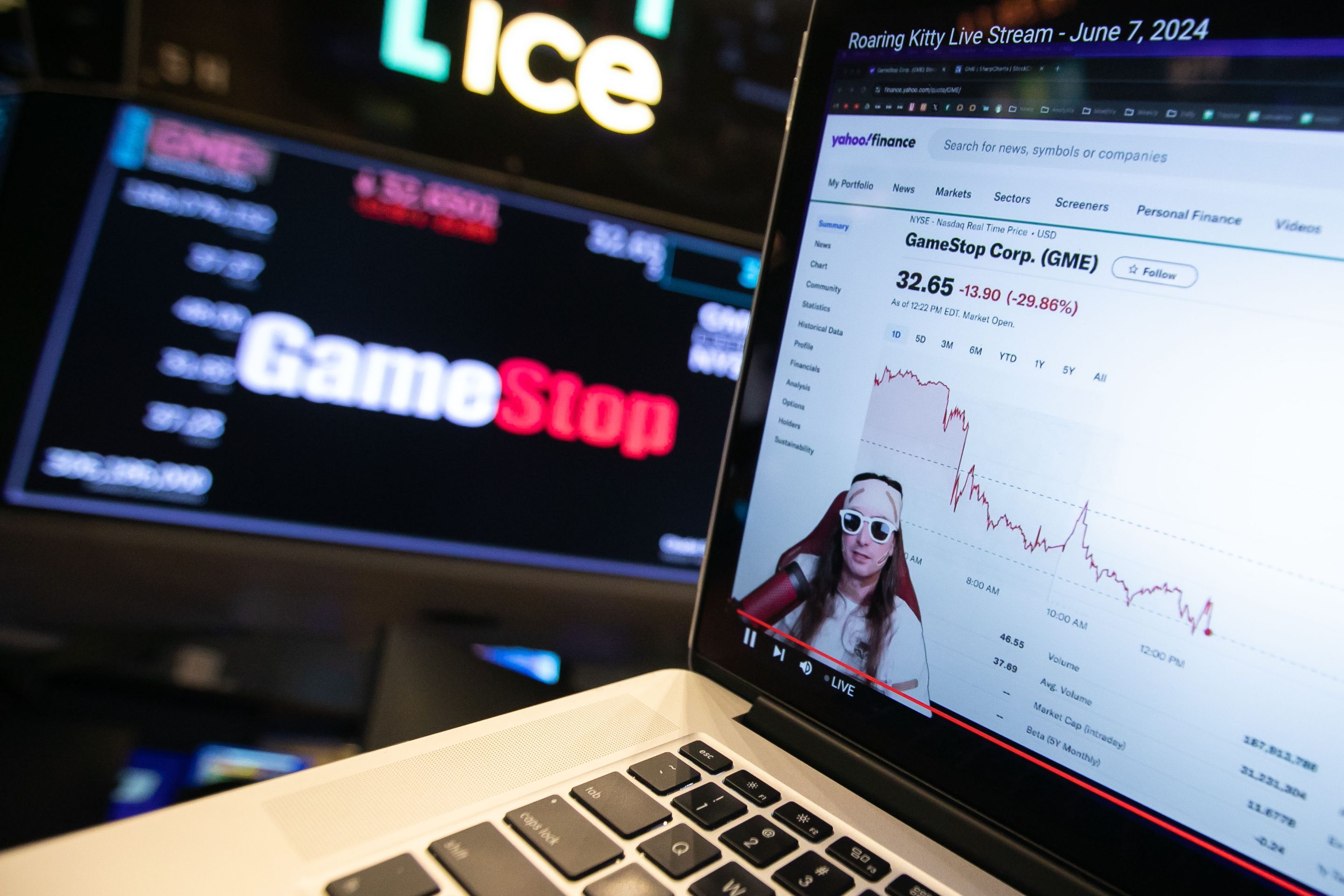 Keith Gill, a Reddit user credited with inspiring GameStop's rally, during a YouTube livestream arranged on a laptop at the New York Stock Exchange (NYSE) in New York, US, on Friday, June 7, 2024. Keith Gill, whose Roaring Kitty online moniker has sent GameStop Corp. shares surging in the past week, sparked another rally in the video-game retailer after a YouTube post said hed return to the platform Friday for the first time in three years. Photographer: Michael Nagle/Bloomberg via Getty Images