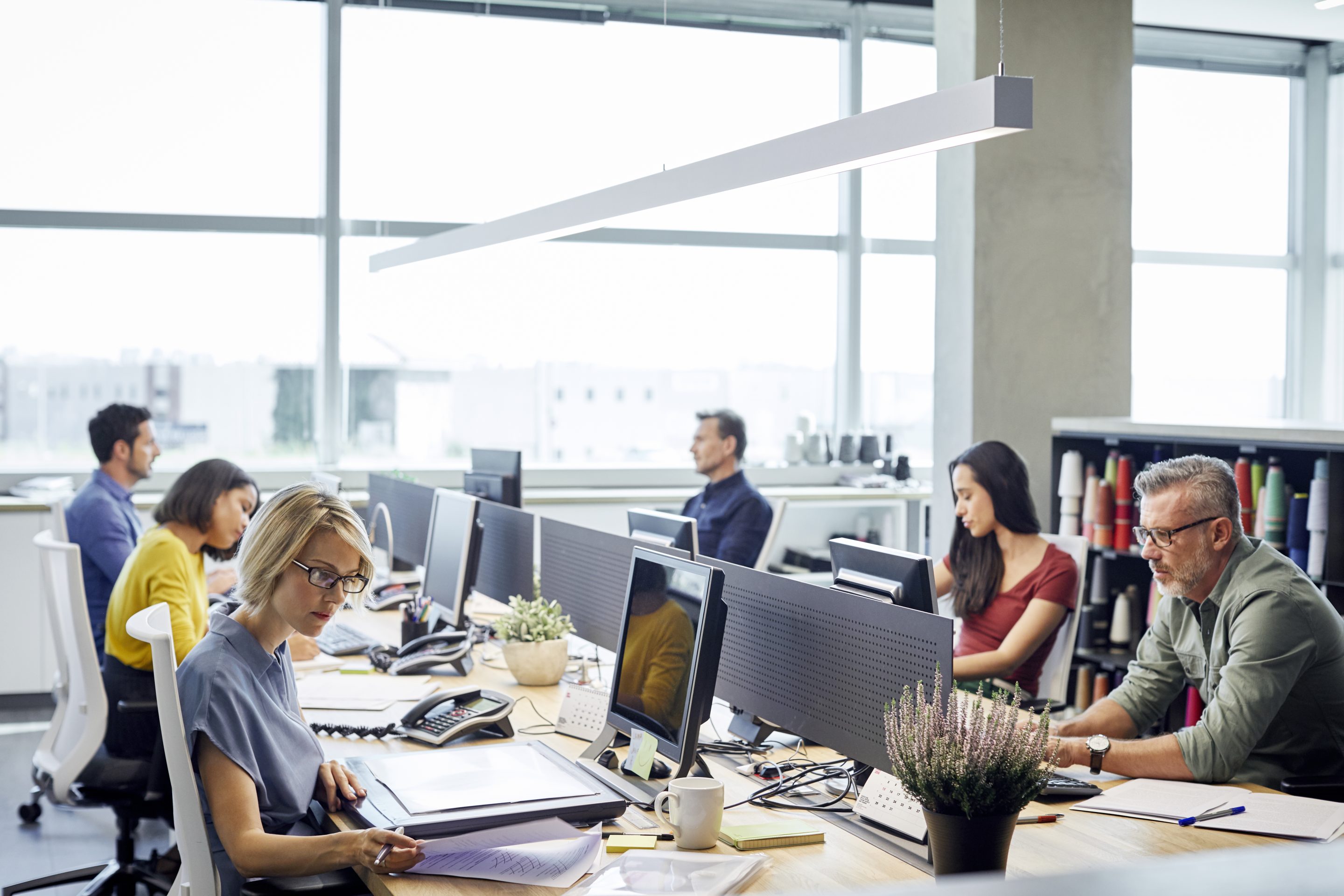 Six people work at a long row of desks in an office.
