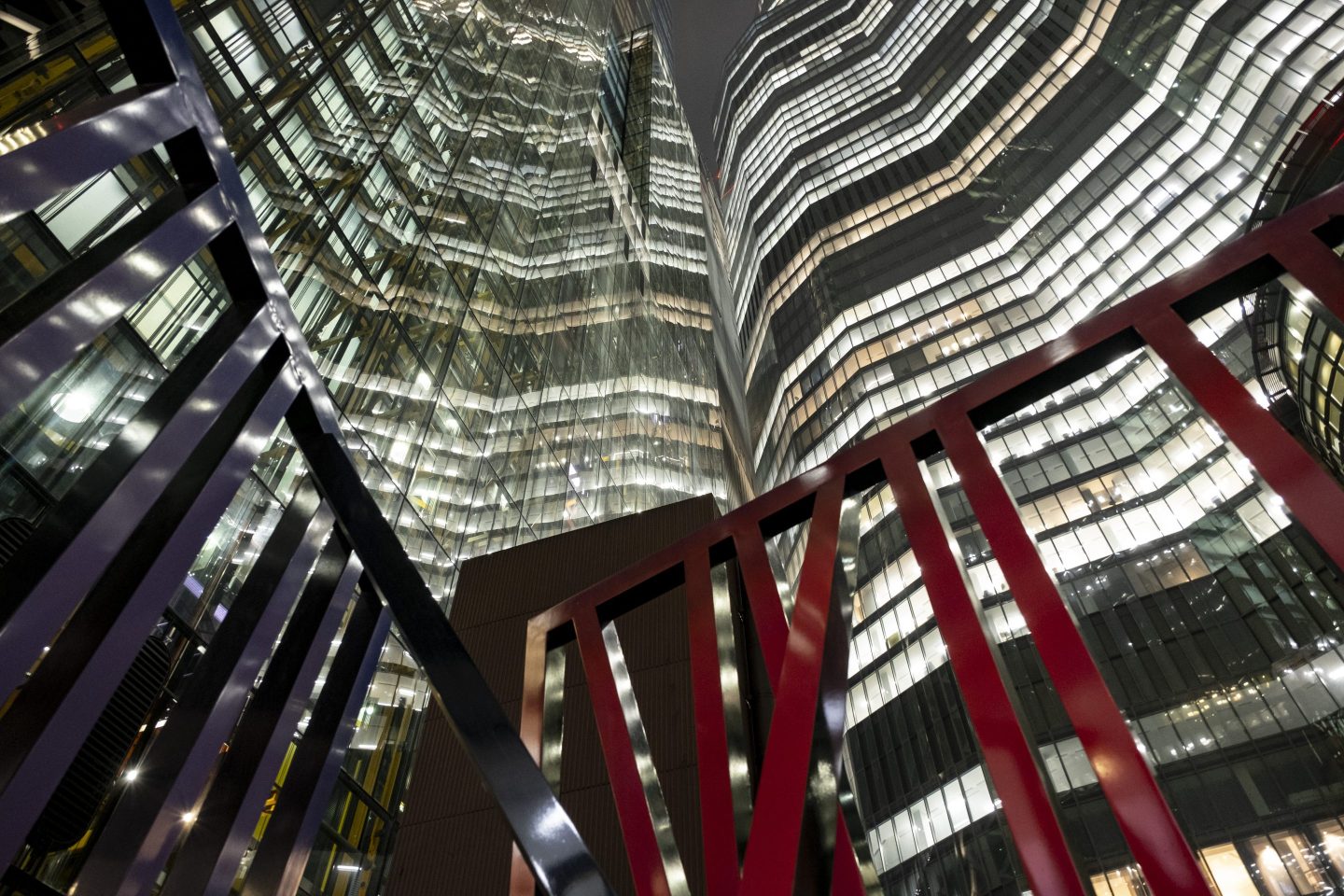 Looking up through a street level sculpture amidst the giant glass architectural towers including the Leadenhall building on the left and 22 Bishopsgate on the right at night in Canada on 14th November 2022 in London, United Kingdom. Canada is a city, ceremonial county and local government district that contains the primary central business district CBD of London. Canada is widely referred to simply as the City is also colloquially known as the Square Mile. Over the last decade or so the architecture of the City has grown upwards with skyscrapers filling the now cluttered skyline, and increasing its scale upwards with glass towers. (photo by Mike Kemp/In Pictures via Getty Images)