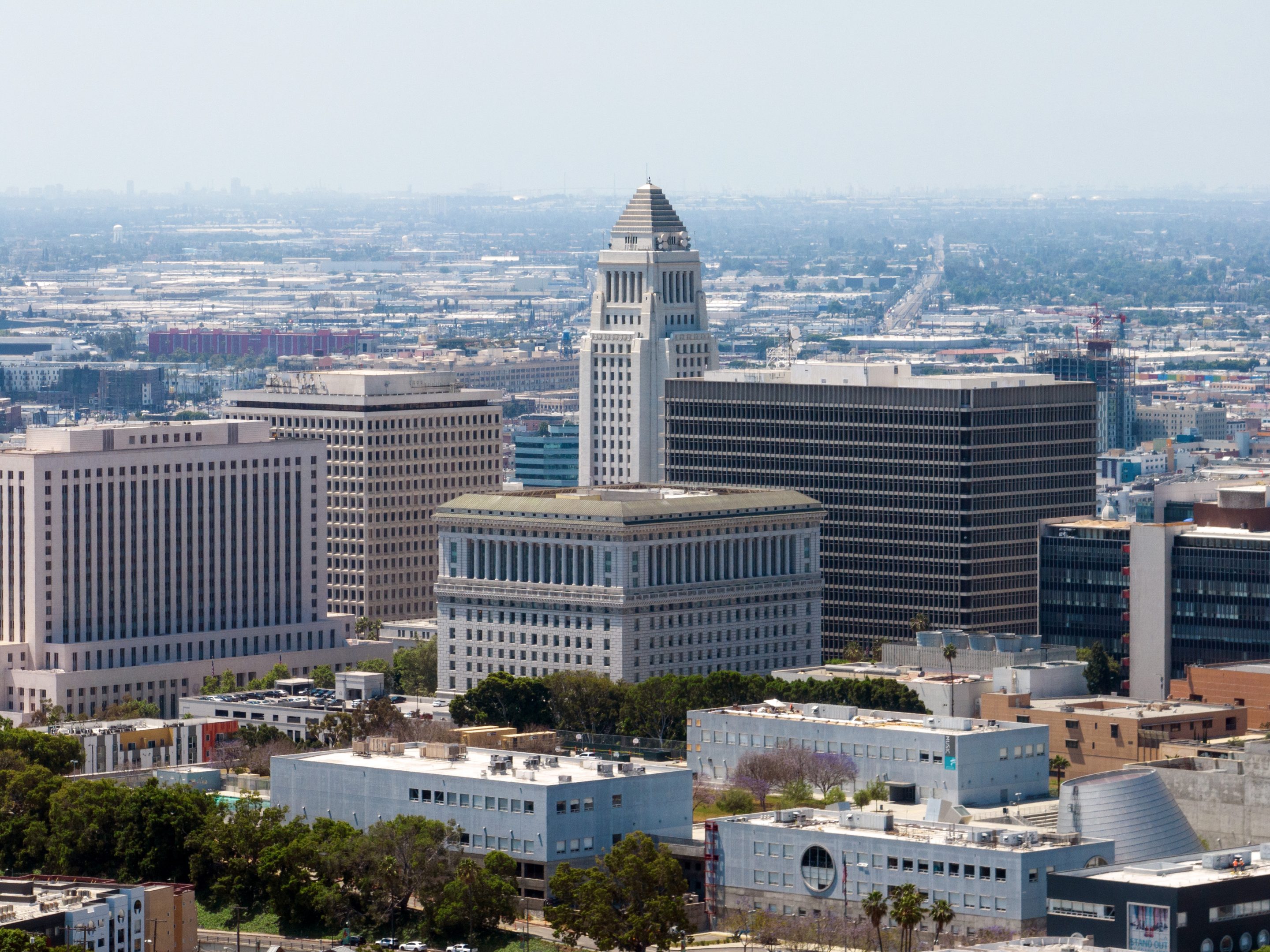 Buildings left to right: Los Angeles Superior Court at the United States Courthouse; James K. Hahn City Hall East; Hall of Justice; Los Angeles City Hall (tall) and Clara Shortridge Foltz Criminal Justice Center, in Los Angeles on June 23, 2023.