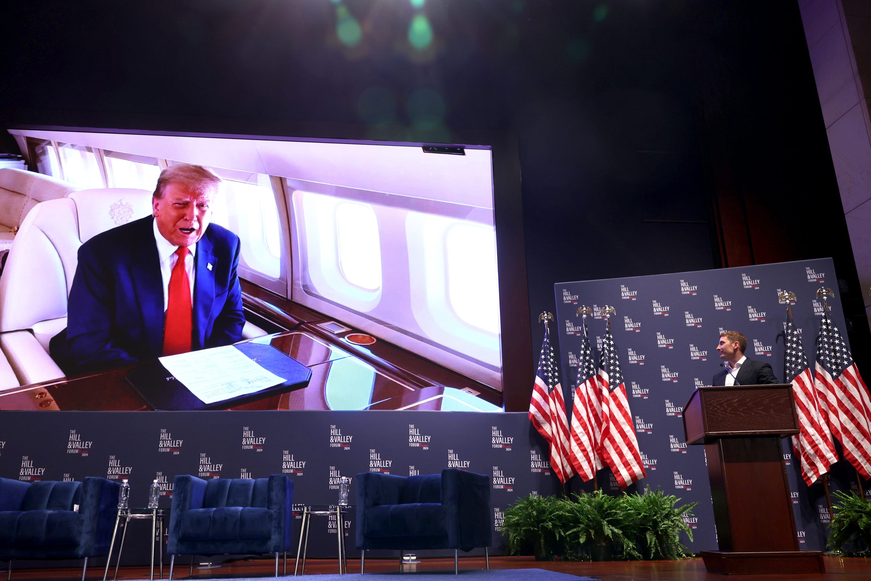 Jacob Helberg, advisor to the Palantir CEO introduces a video message from former President Donald Trump at The Hill & Valley Forum on AI Security at the U.S. Capitol Visitor Center on May 1, 2024 in Washington, DC.
