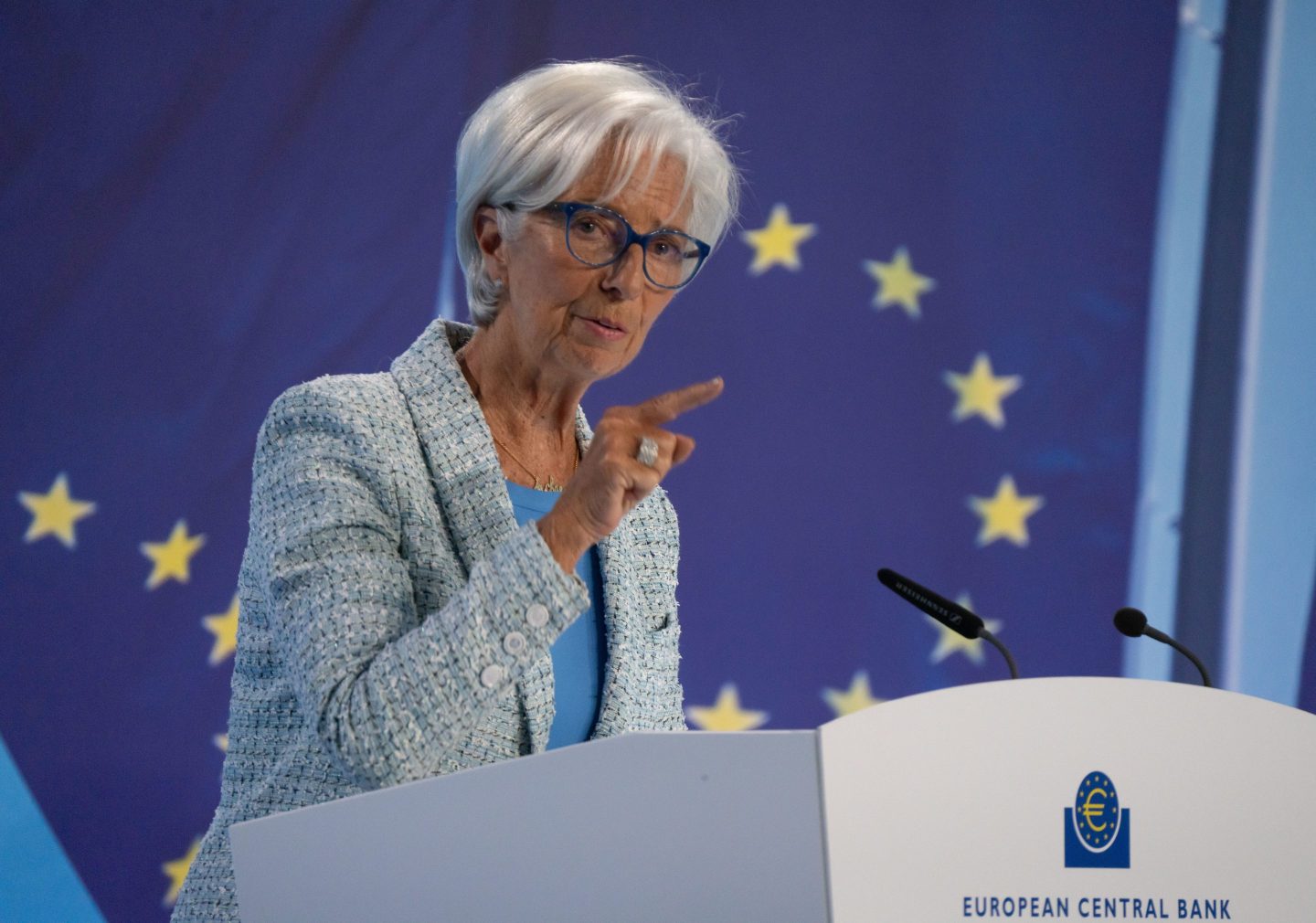 Christine Lagarde, President of the European Central Bank (ECB), gives a press conference after the Governing Council meeting.