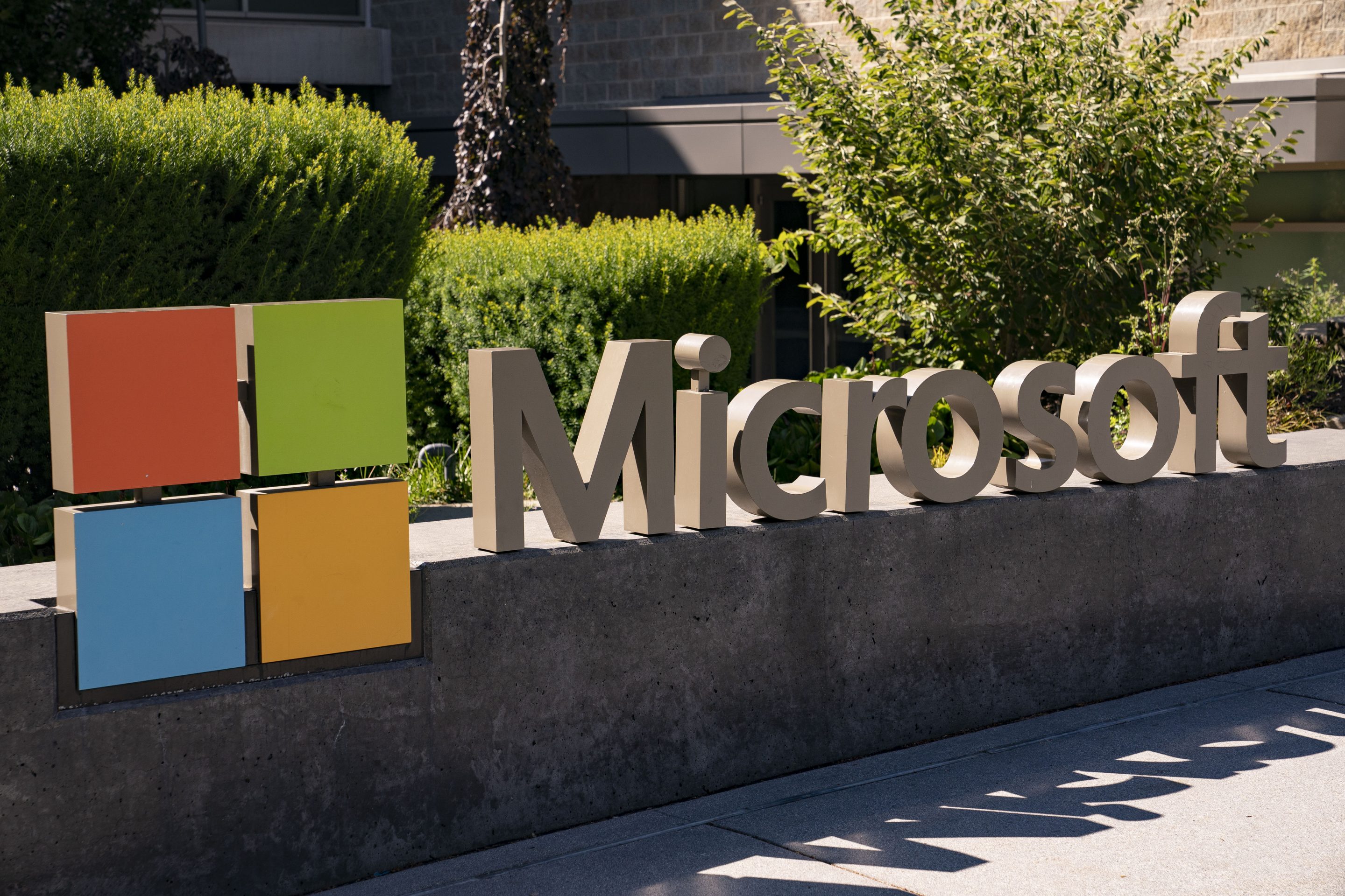 A sign is seen at the Microsoft headquarters