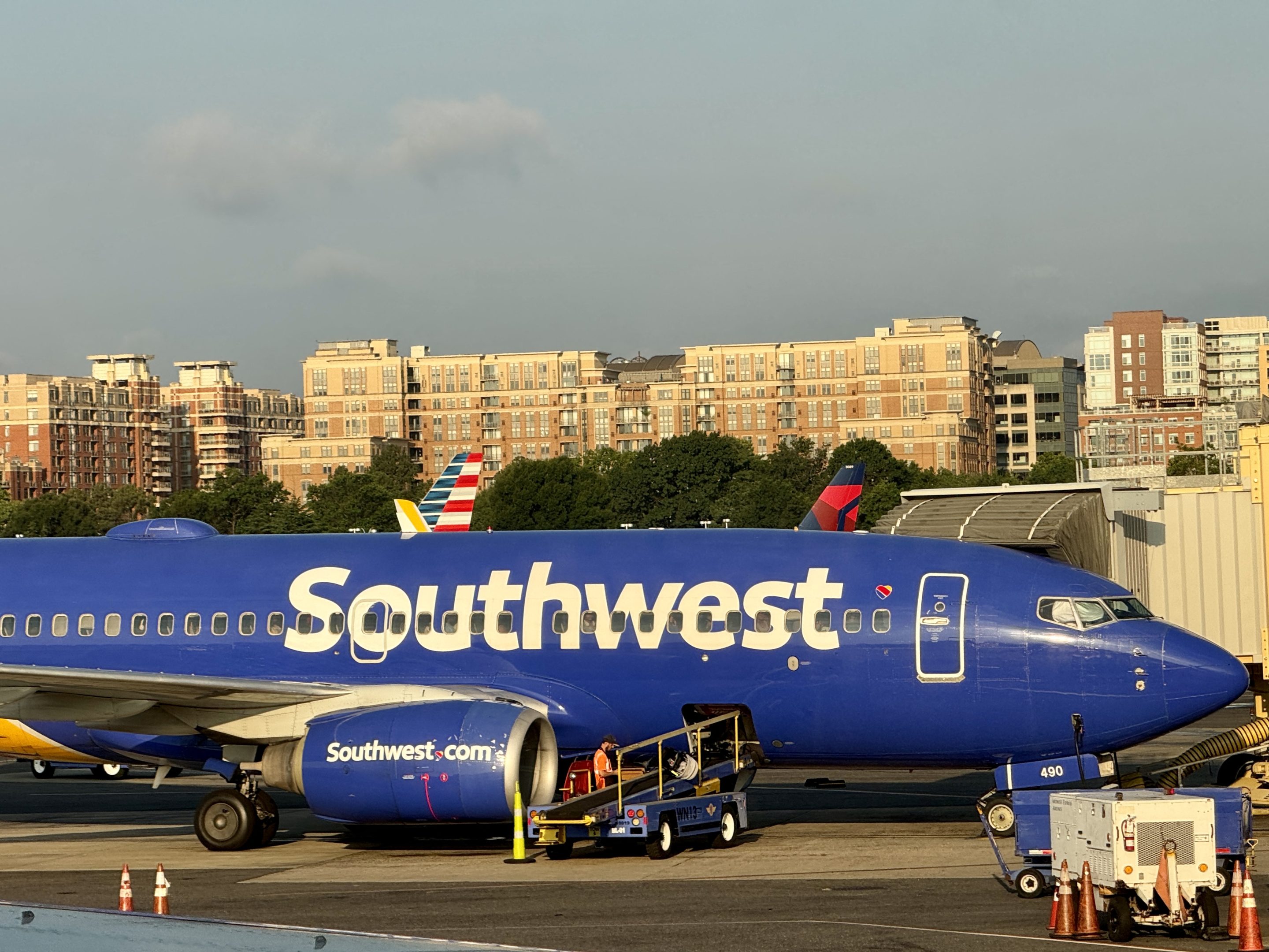 Southwest Airlines Boeing 737 plane sits at gates Ronald Reagan Washington National Airport in Arlington Virginia, on July 10, 2024.