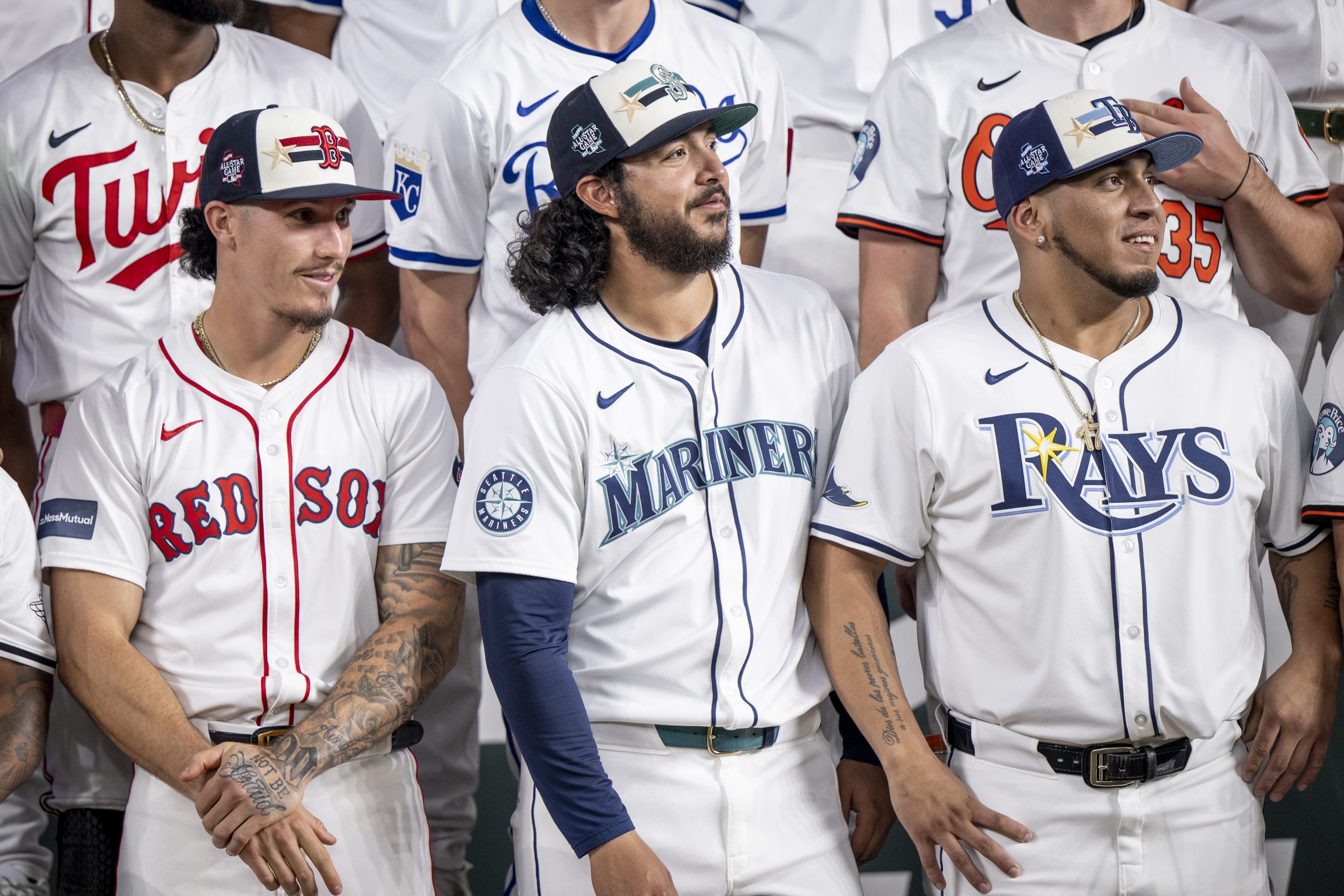 Jarren Duran of the Boston Red Sox, Andres Muñoz of the Seattle Mariners, and Isaac Paredes of the Tampa Bay Rays of the American League team
