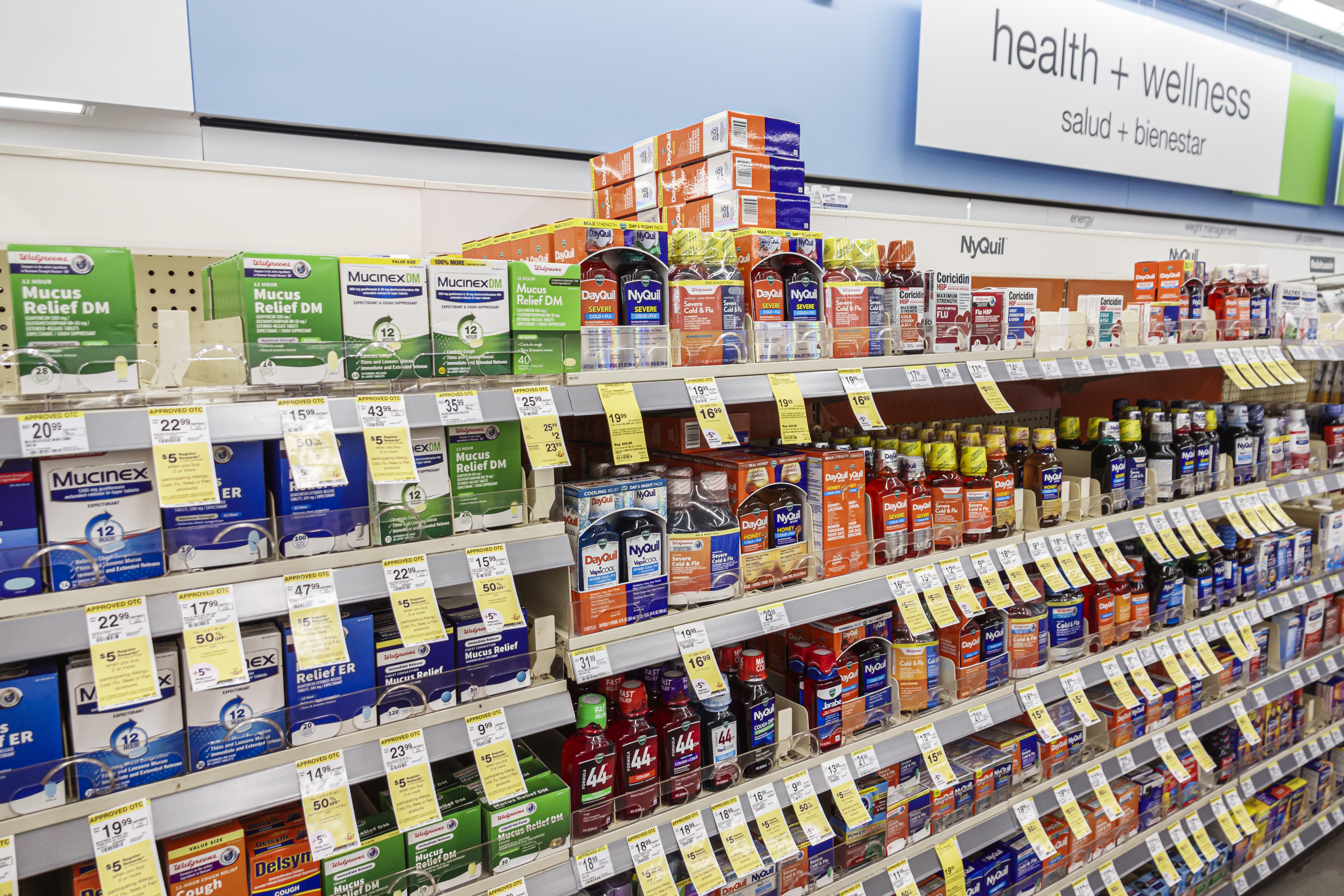 Miami Beach, Fla., Walgreens, Pharmacy over the counter cold and flu medicine, NyQuil, DayQuil, Mucinex.