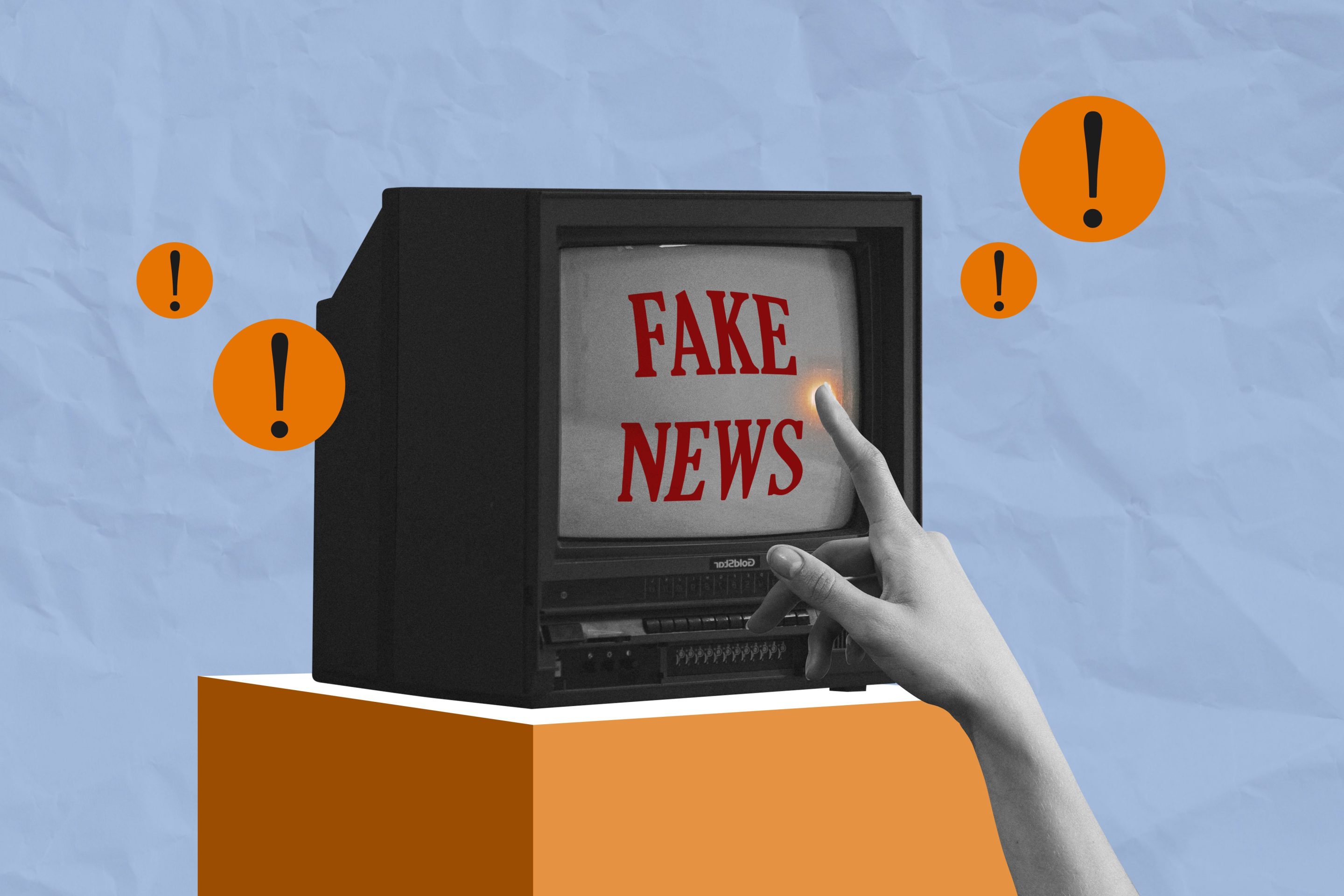 Hand Pointing at Fake News on Vintage Television Screen Collage Art. Floating exclamation mark, contemporary art.