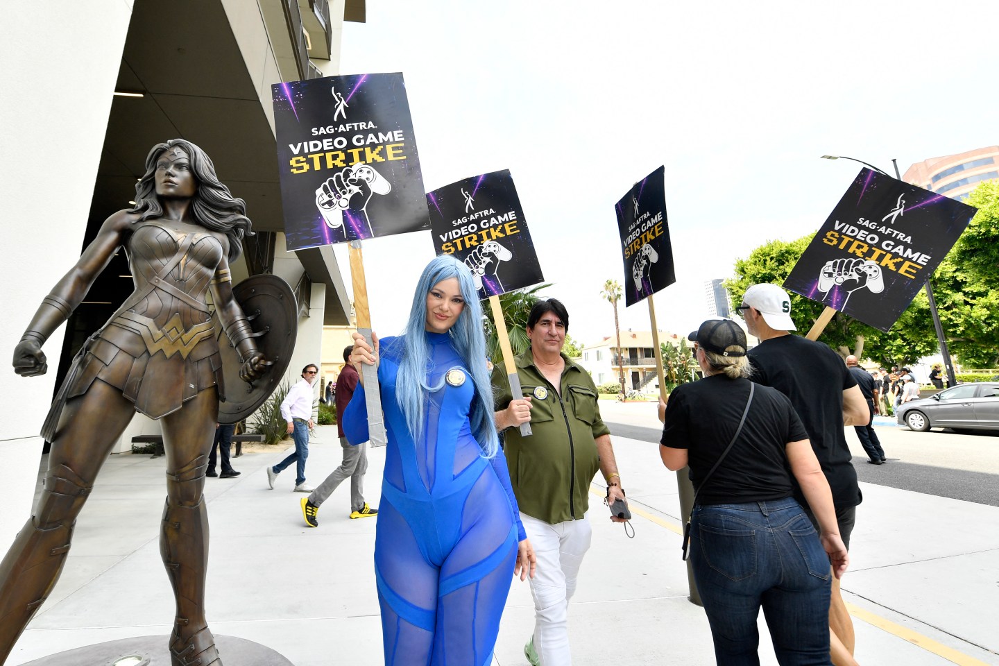 Protesters march during the SAG-AFTRA video game strike kick-off picket in Burbank, California, on Aug. 1.