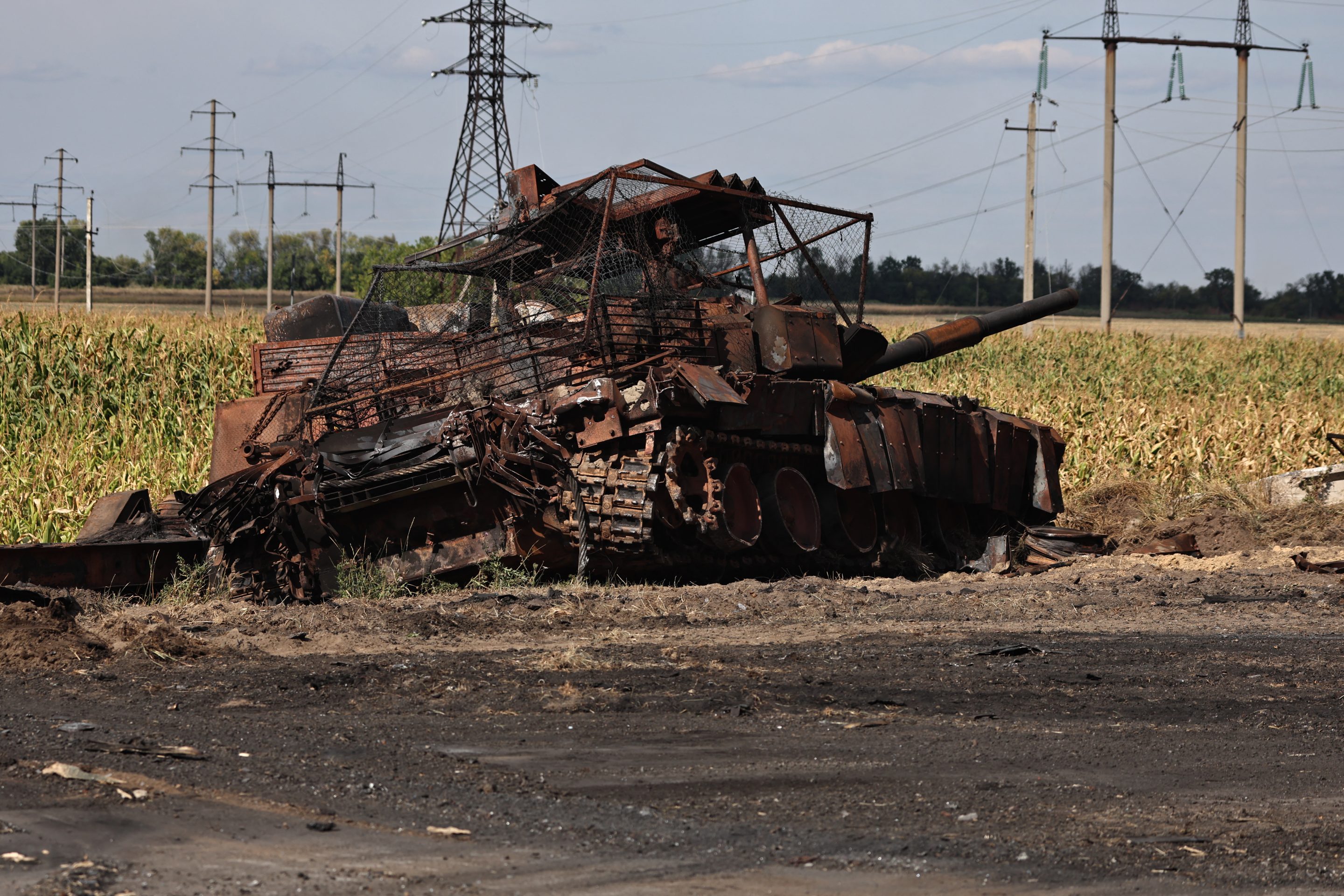 destroyed Russian tank outside Ukrainian-controlled Russian town of Sudzha, Kursk region