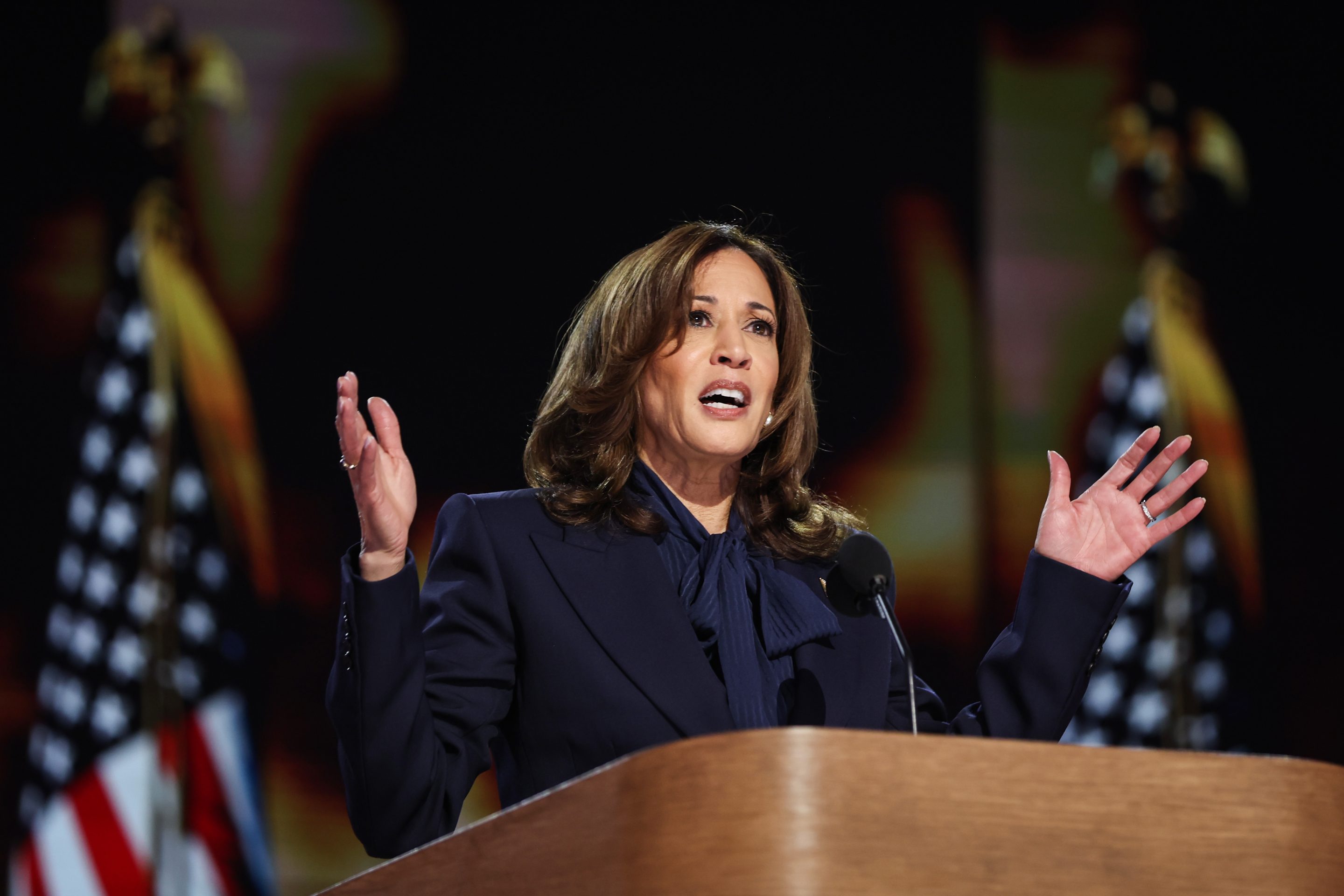 Democratic presidential candidate U.S. Vice President Kamala Harris speaks on stage during the final day of the Democratic National Convention