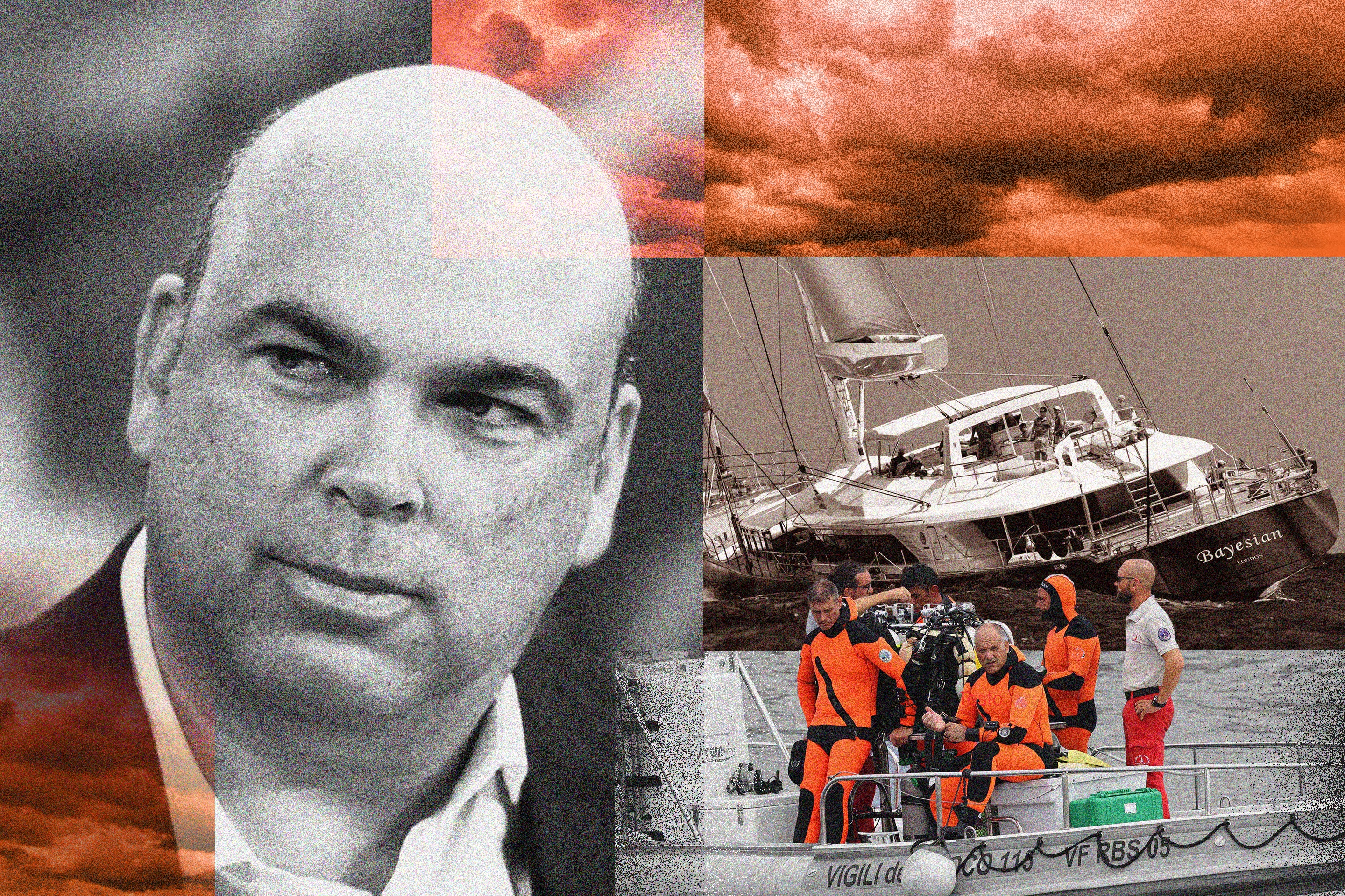 On left, head shot of Mike Lynch. On right, a view of his yacht, the Bayesian