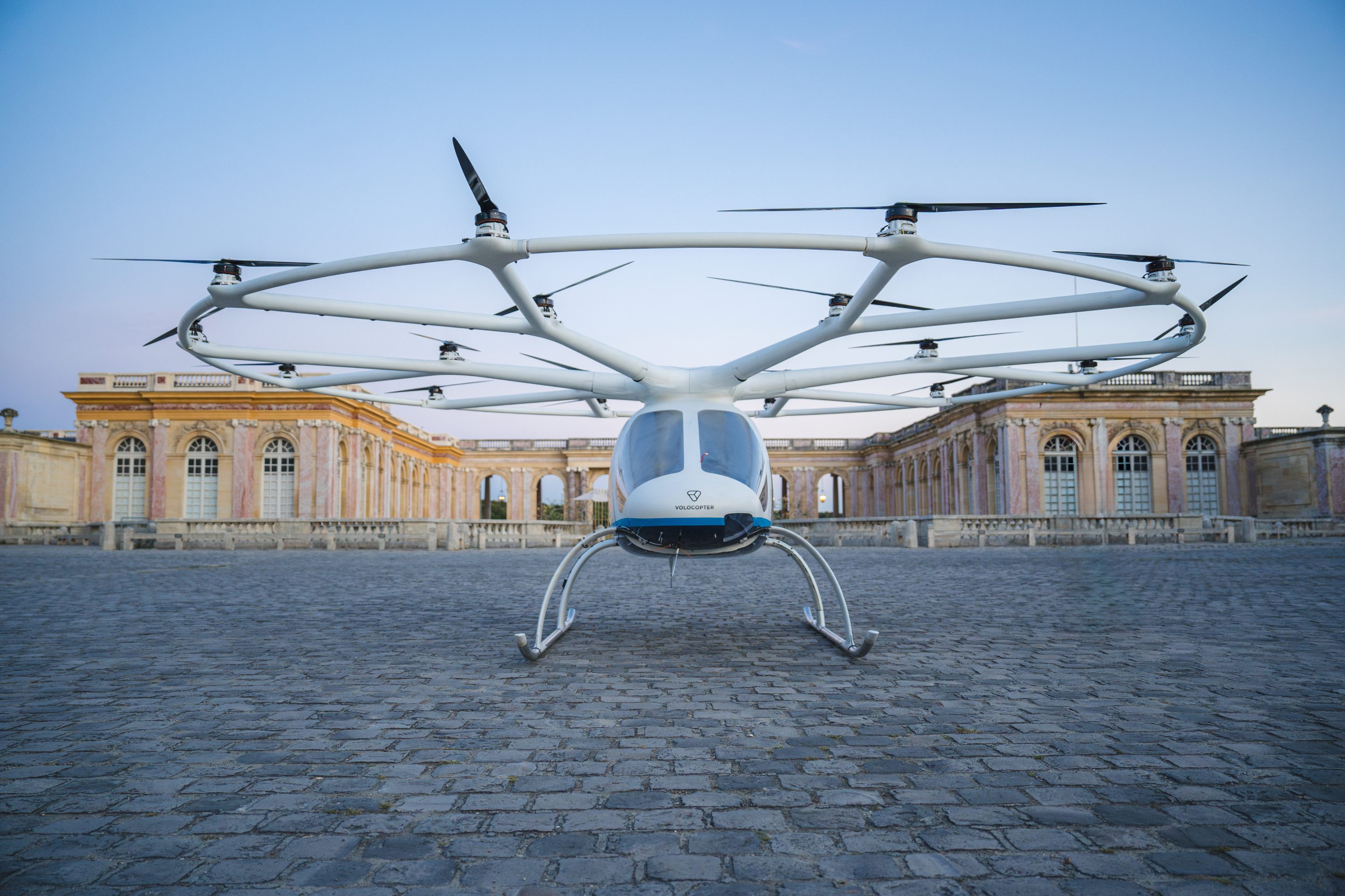 A Volocopter eVTOL in Versailles, where it flew with no people on board on the last day of the Paris Olympics.