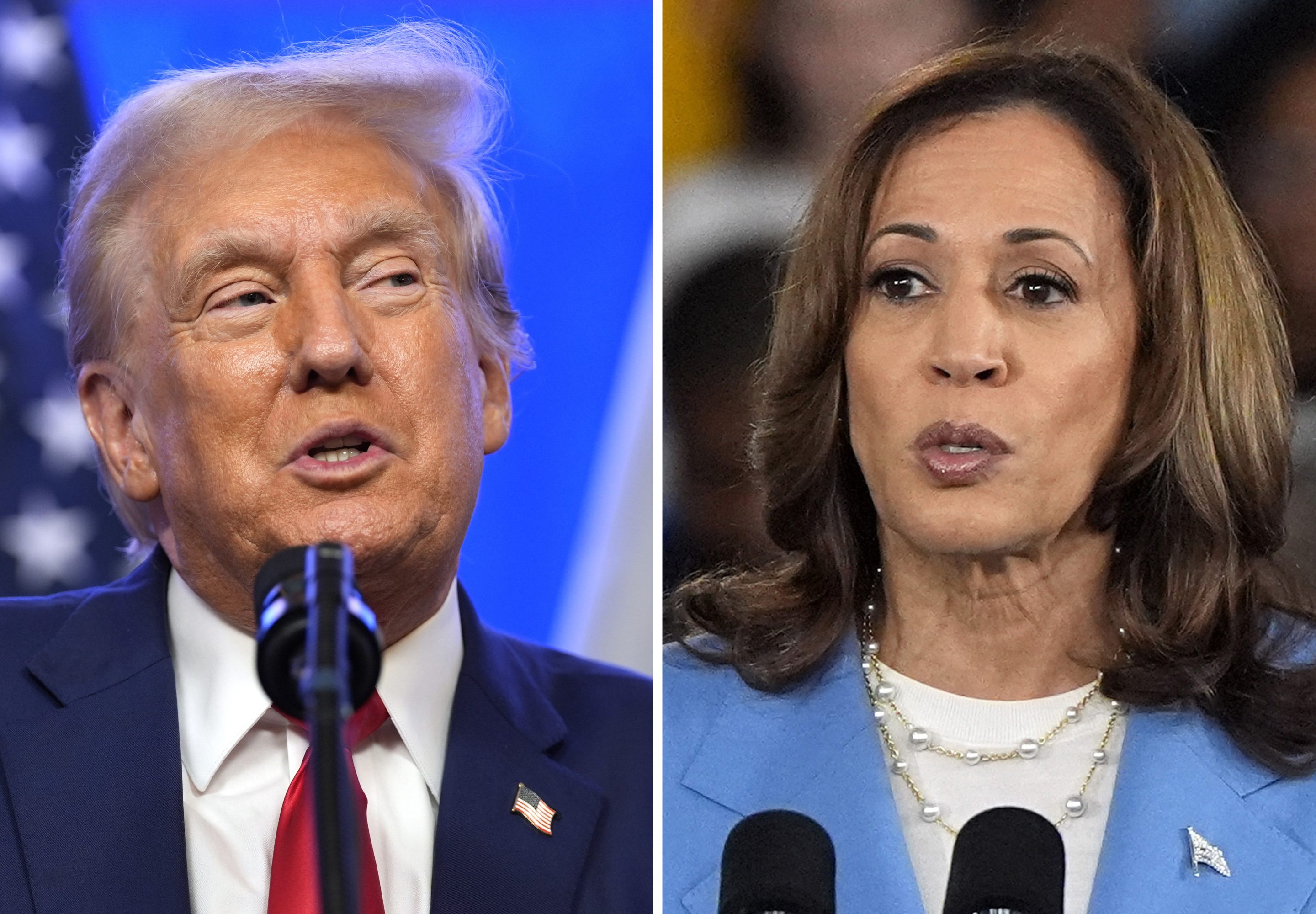 Republican presidential nominee former President Donald Trump at an event, Aug. 15, 2024, in Bedminster, N.J., left, and Democratic presidential nominee Vice President Kamala Harris at a campaign event in Raleigh, N.C., Aug. 16, 2024.