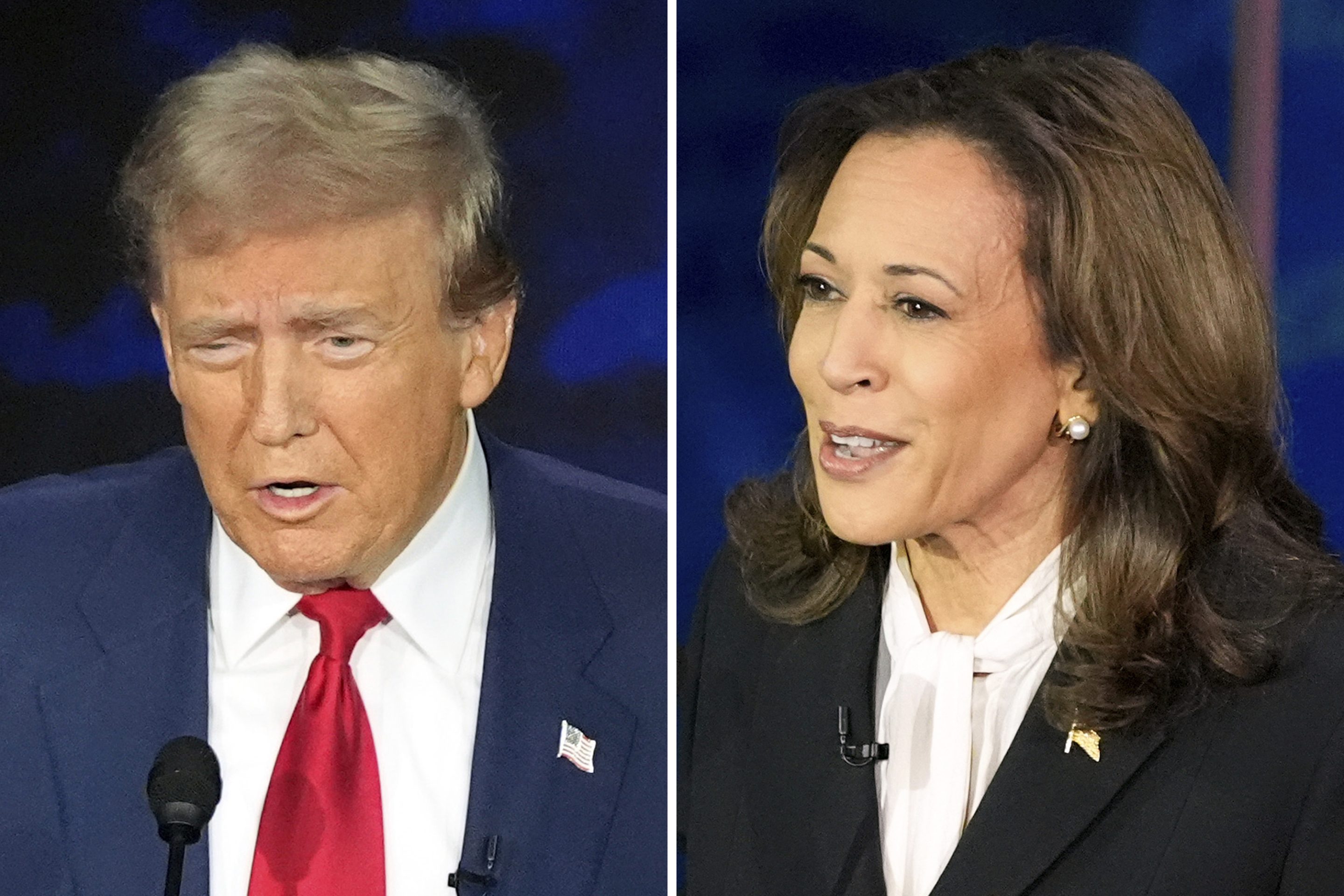 This combination of photos shows Republican presidential nominee former President Donald Trump, left, and Democratic presidential nominee Vice President Kamala Harris during an ABC News presidential debate.