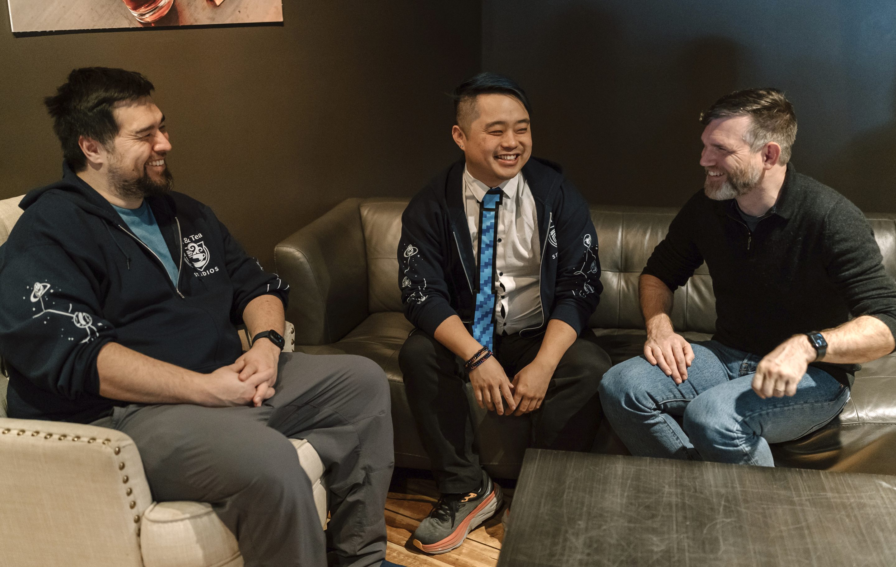 Jam & Tea Studios founders, left to right, Michael Yichao, Carl Kwoh, and J. Aaron Farr on Jan. 18, 2024, in Roslyn, Wash.