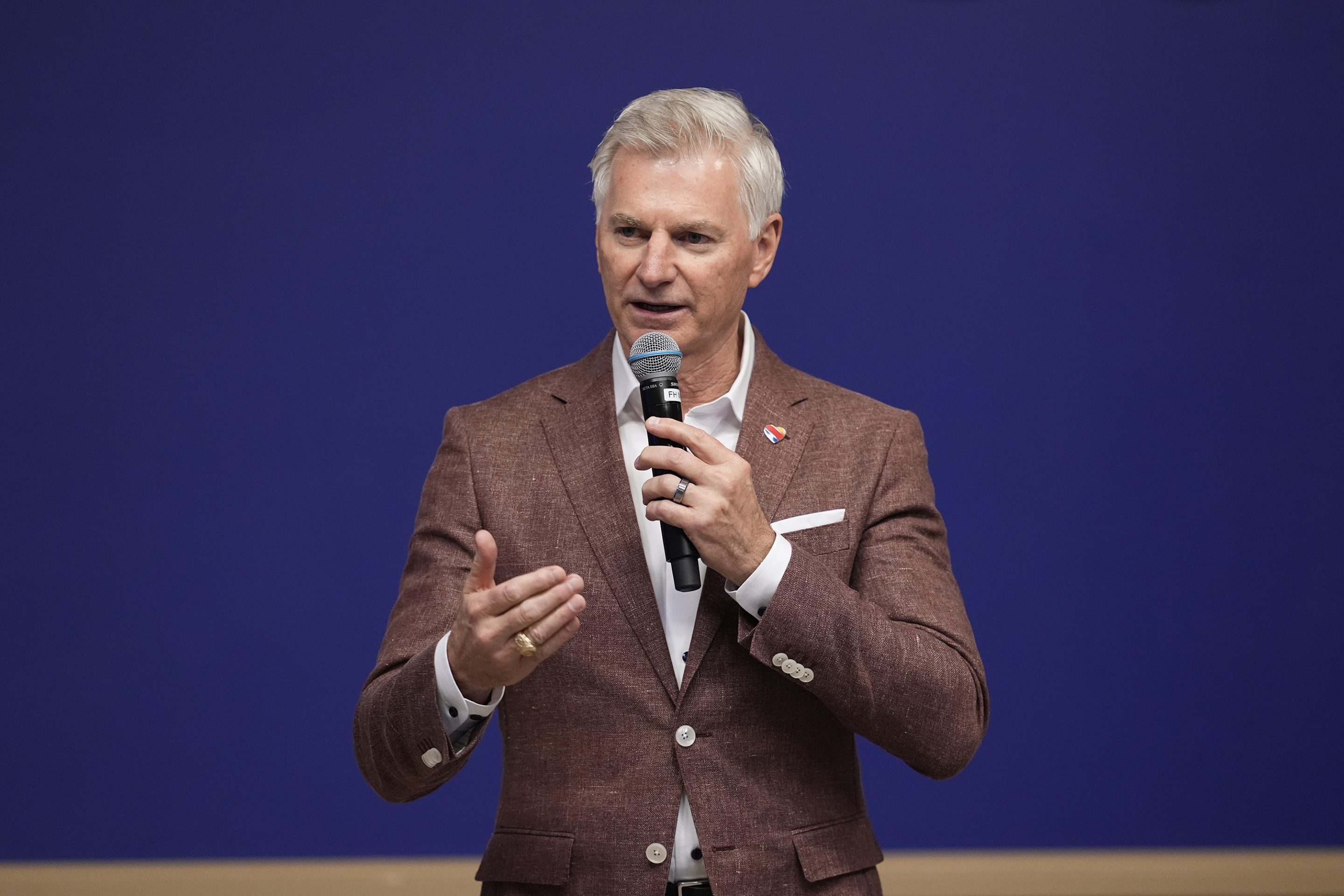 Southwest Airlines CEO Bob Jordan responds to questions during a news conference at the company's headquarters in Dallas, on Sept. 26, 2024.