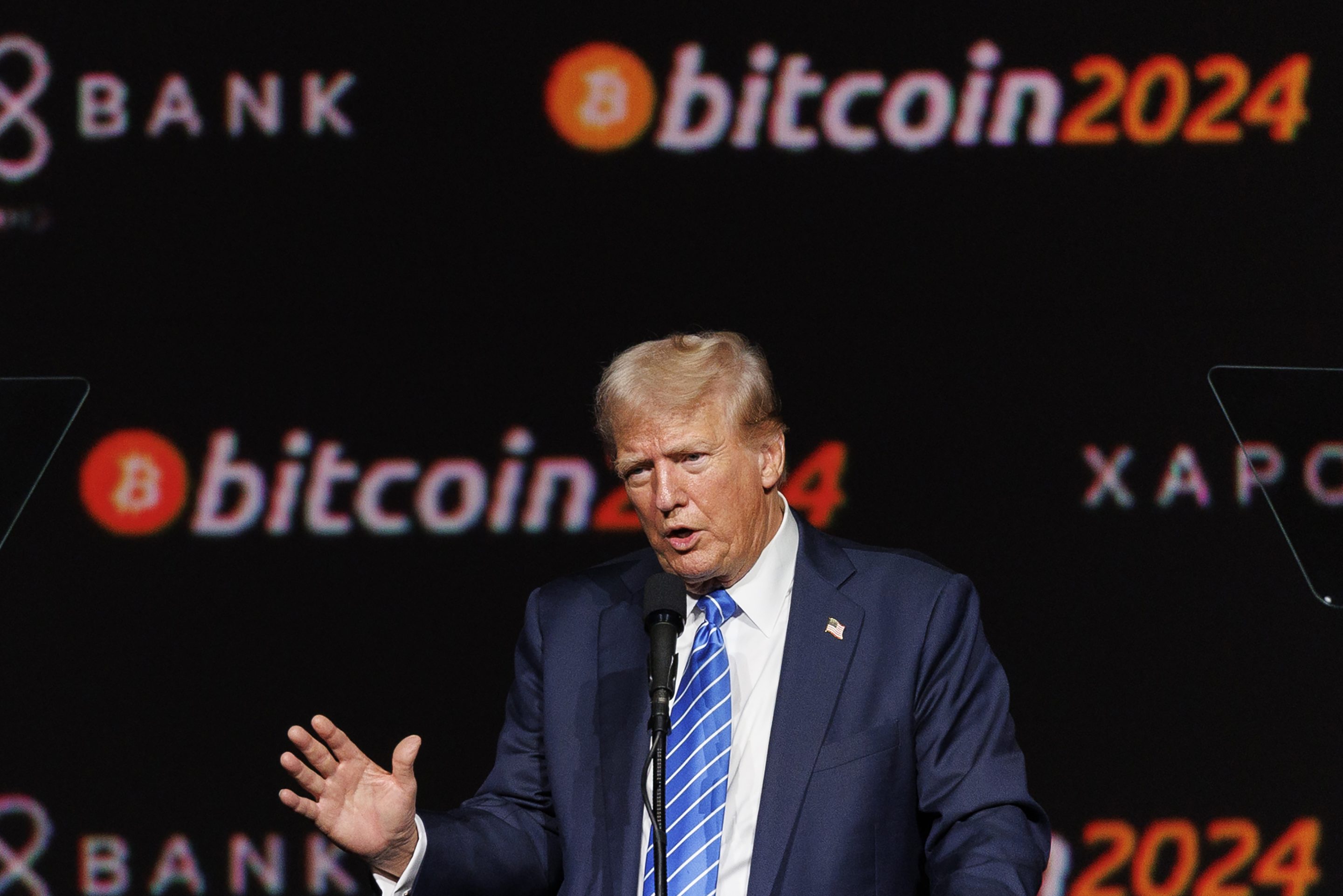 Donald Trump speaking on stage