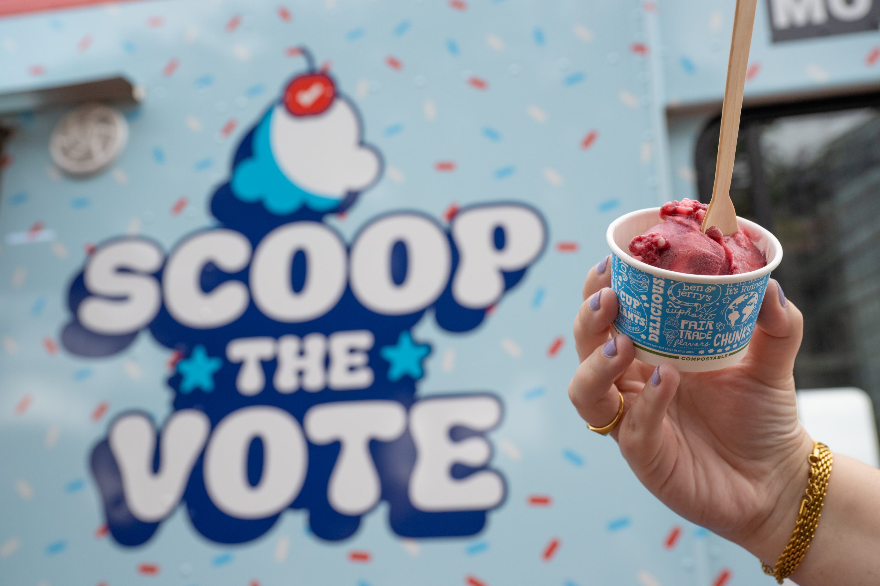 Ben & Jerry's and MoveOn hand out free ice cream at Franklin Square in Philadelphia on Sep. 16 as part of their "Scoop The Vote tour" in support of Vice President Kamala Harris and Democrats.