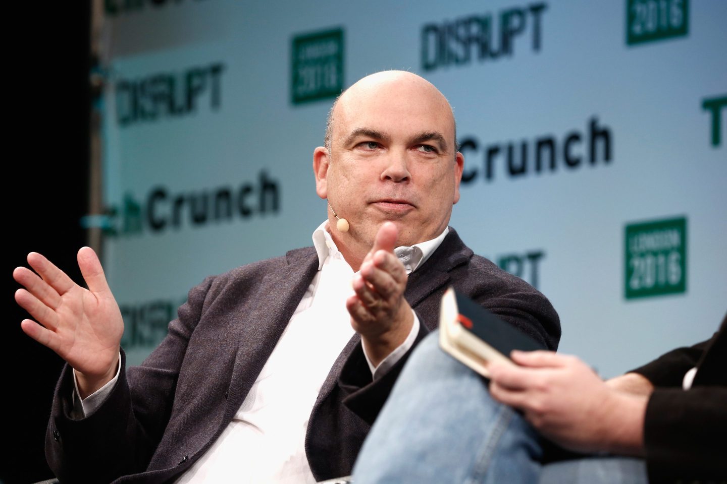 Michael Lynch OBE attends a Q&A during day 1 of TechCrunch Disrupt London at the Copper Box on December 5, 2016 in London, England.