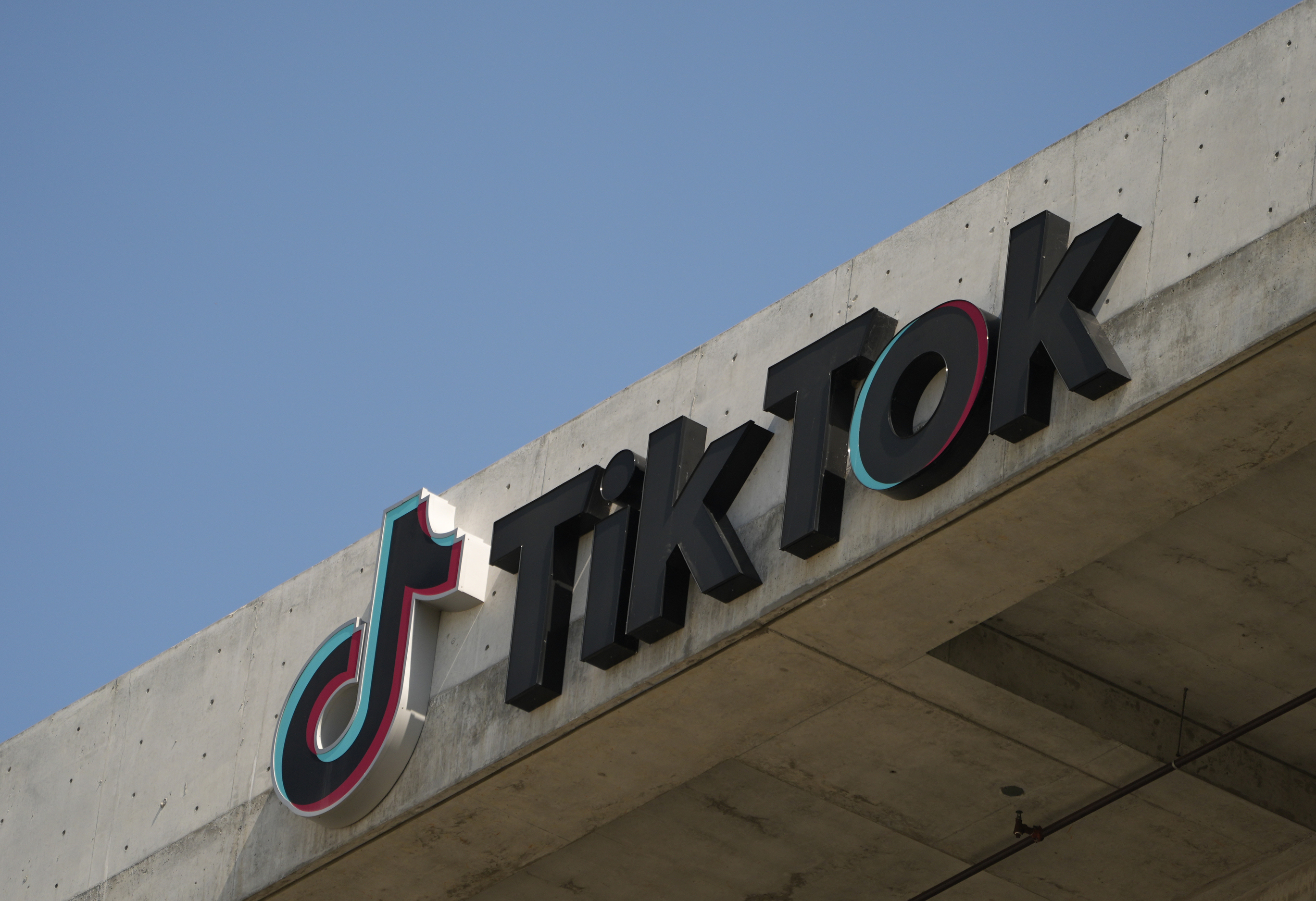 The TikTok logo is seen on their building in Culver City, Calif.