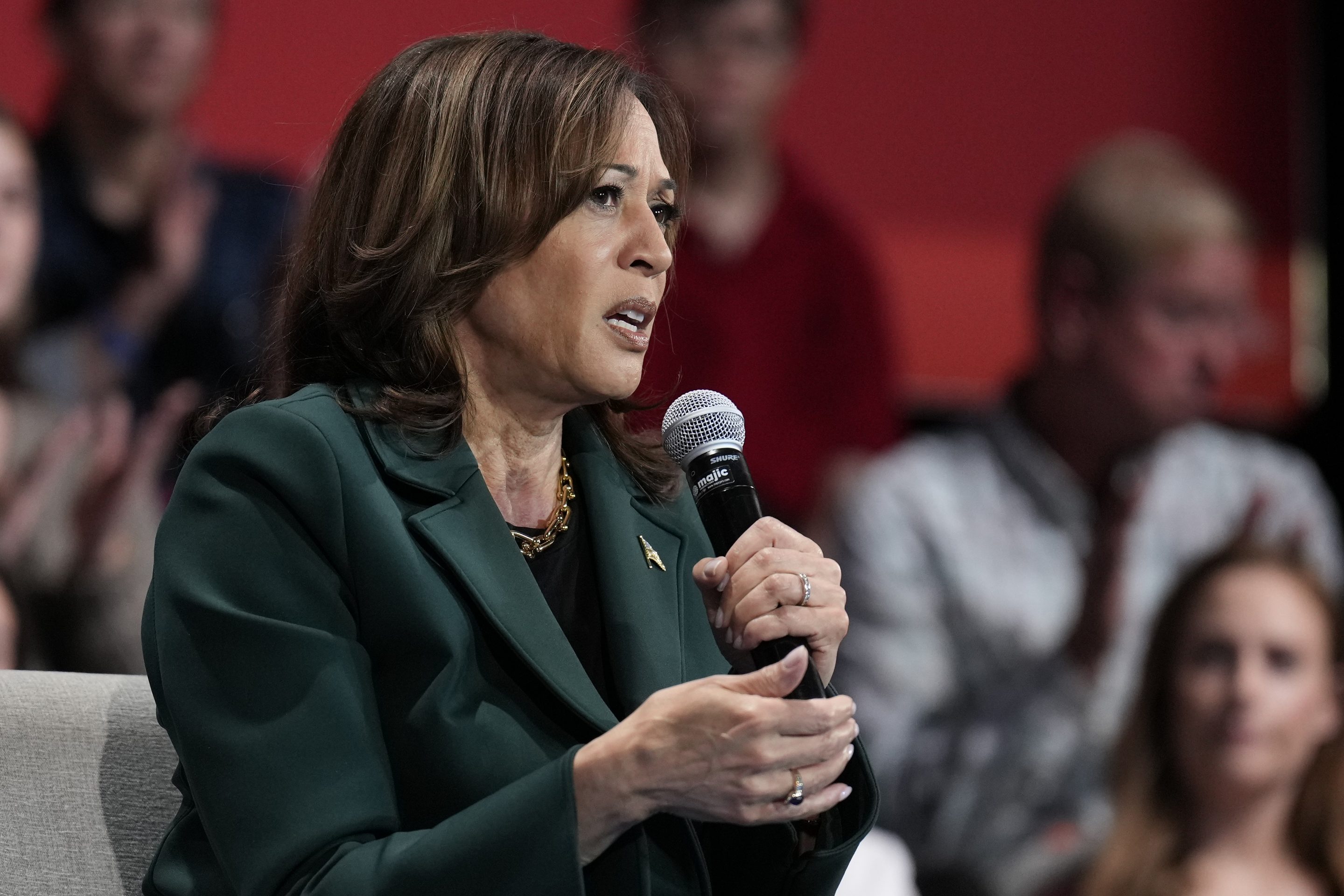 President Kamala Harris speaks during a town hall at Sharon Lynne Wilson Center for the Arts in Brookfield, Wisc., on Oct. 21, 2024. 