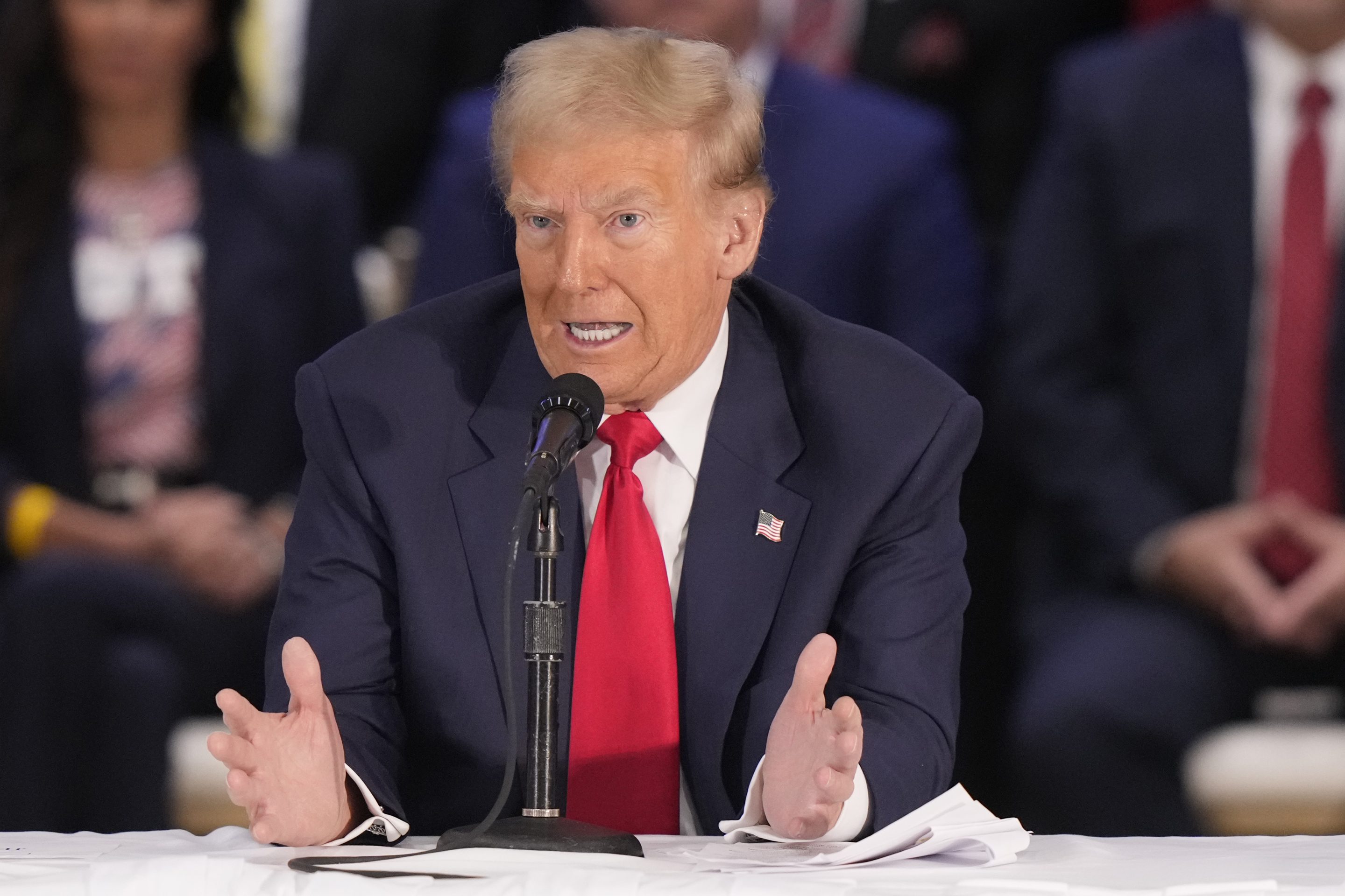 Republican presidential nominee former President Donald Trump participates in a roundtable with Latino leaders on Oct. 22, 2024, in Doral, Fla.