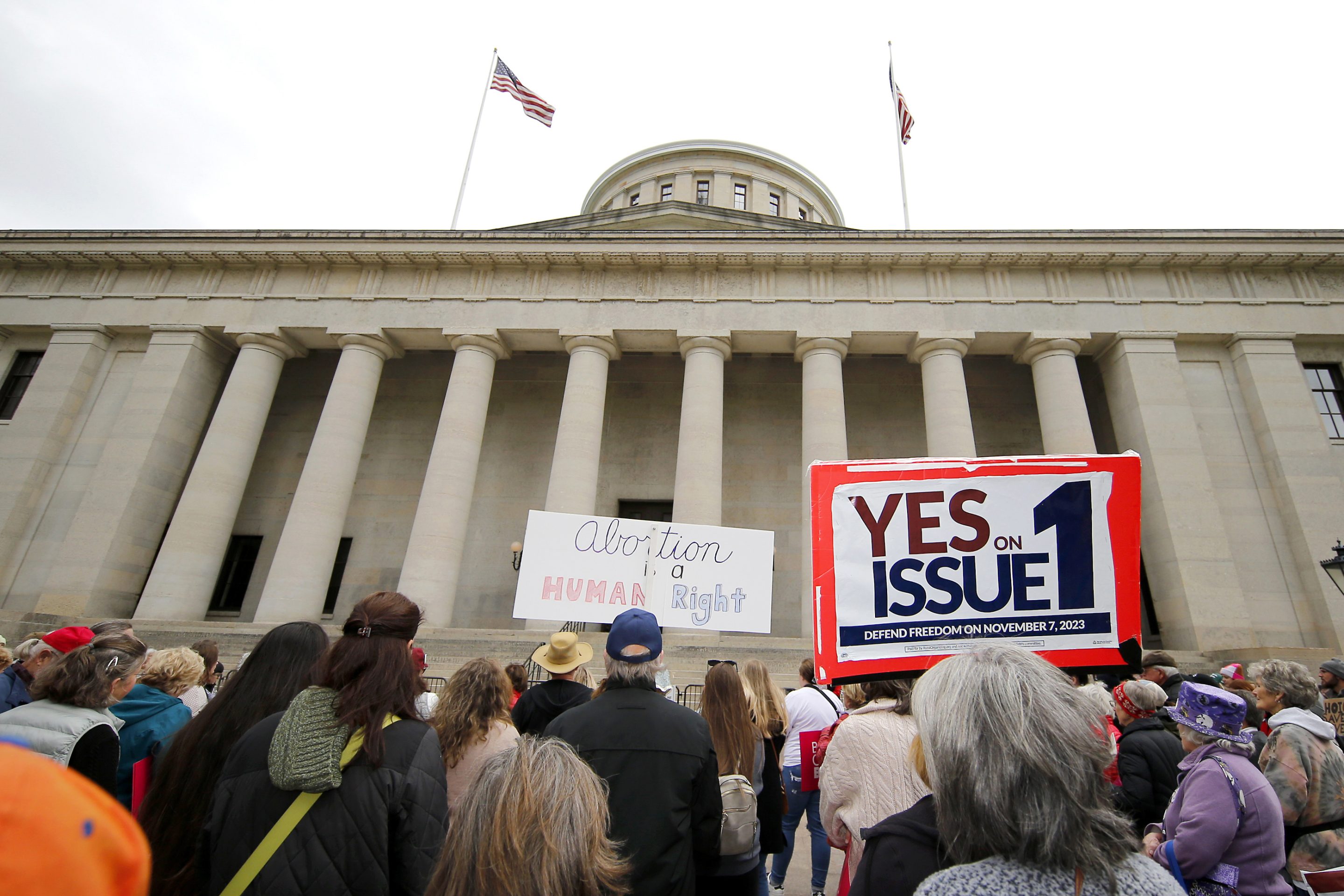 Supporters of Issue 1 attend a rally for the Right to Reproductive Freedom amendment held by Ohioans United for Reproductive Rights at the Ohio State House in Columbus, on Oct. 8, 2023.