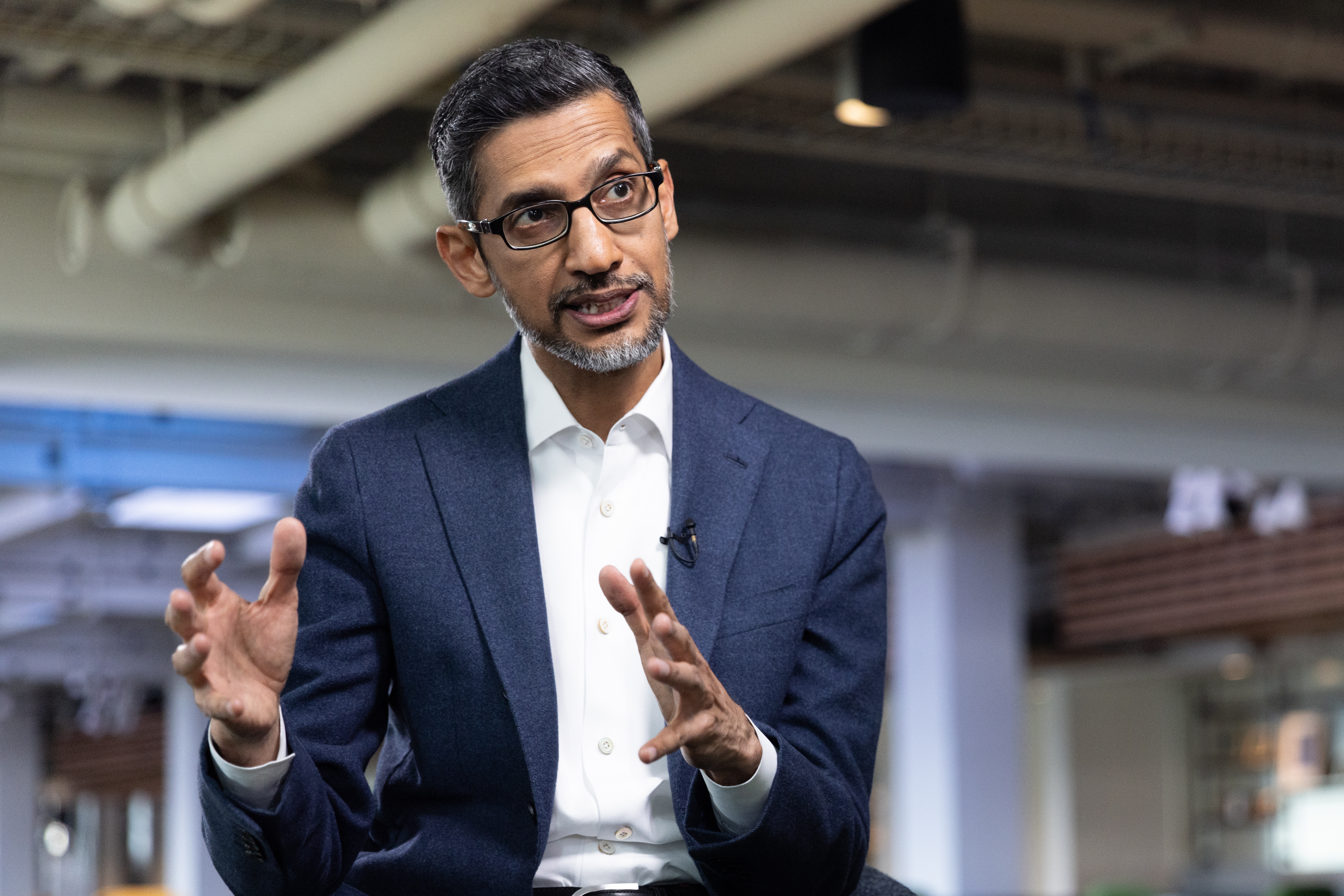 Sundar Pichai, CEO of Alphabet, during an interview for an episode of "The David Rubenstein Show: Peer-to-Peer Conversations" in New York, on Sept. 20, 2024.