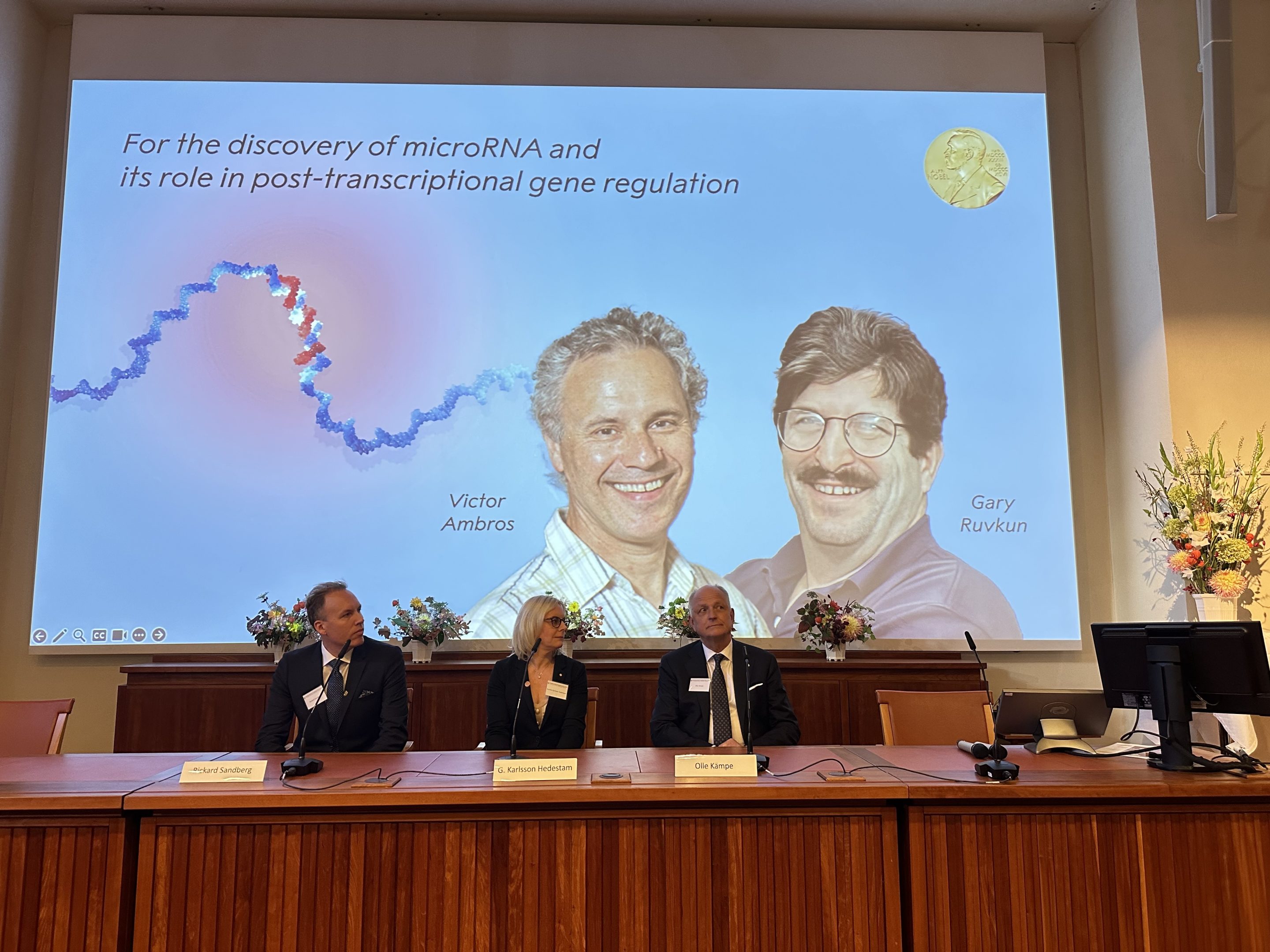 Nobel Committee announces the winners of the 2024 Nobel Prize in Physiology or Medicine during a press conference in Stockholm, on Oct. 7, 2024. The 2024 Nobel Prize in Physiology or Medicine has been awarded to Victor Ambros and Gary Ruvkun for their microRNA discovery and gene regulation studies.